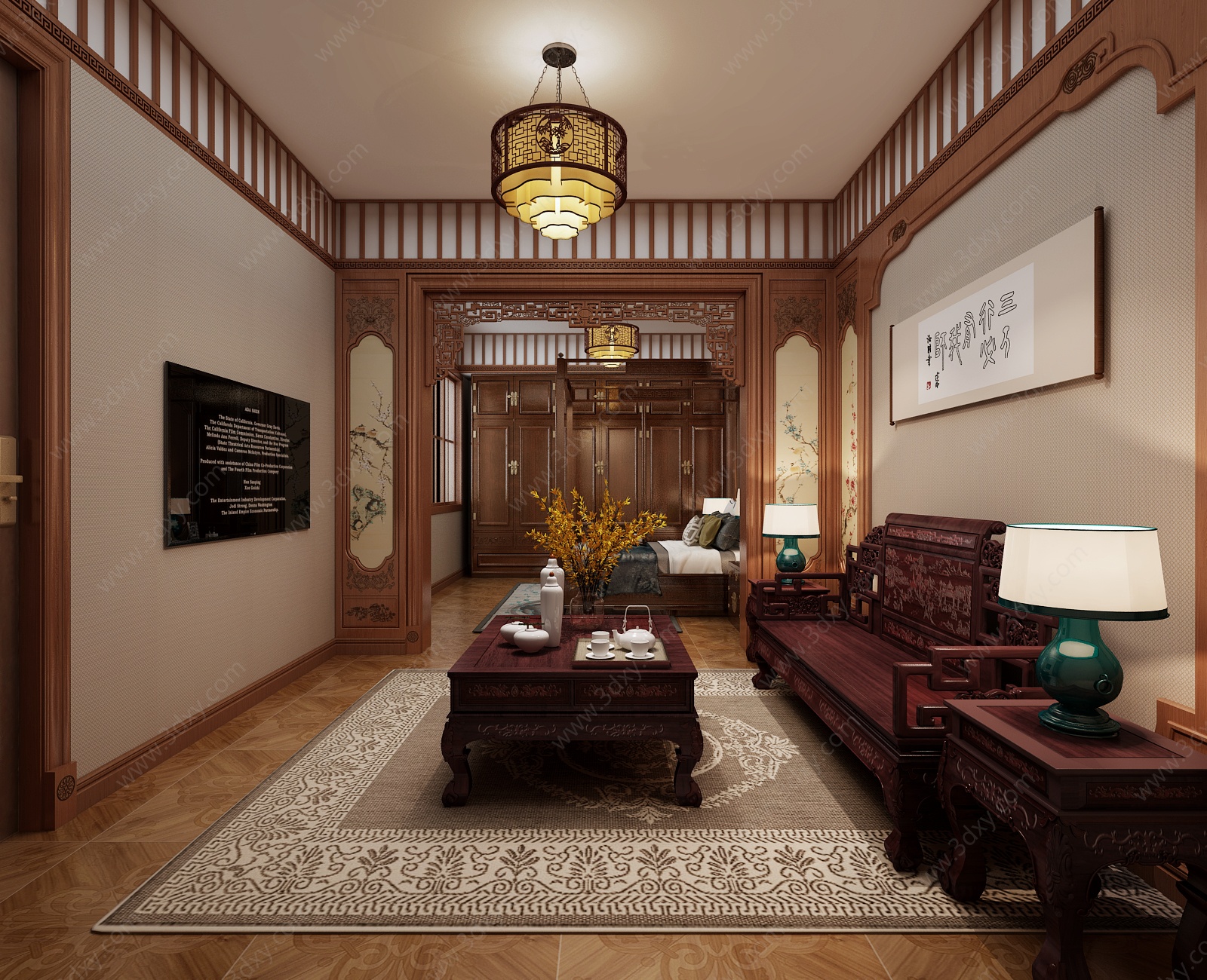 纯中式实木酒店房间3D模型