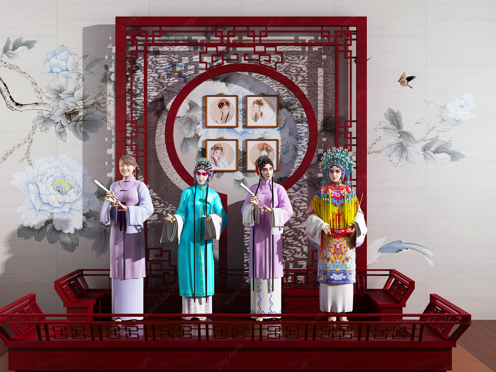 中式京剧戏曲人物戏台3D模型