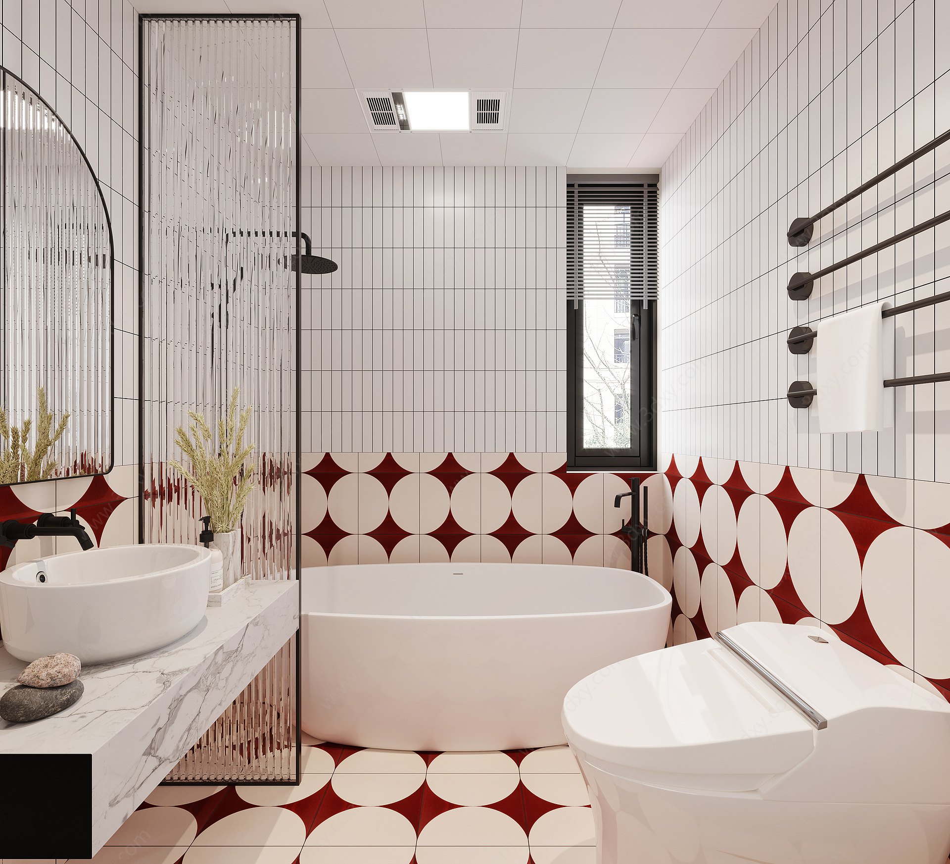 美式红色系带浴缸卫生间3D模型