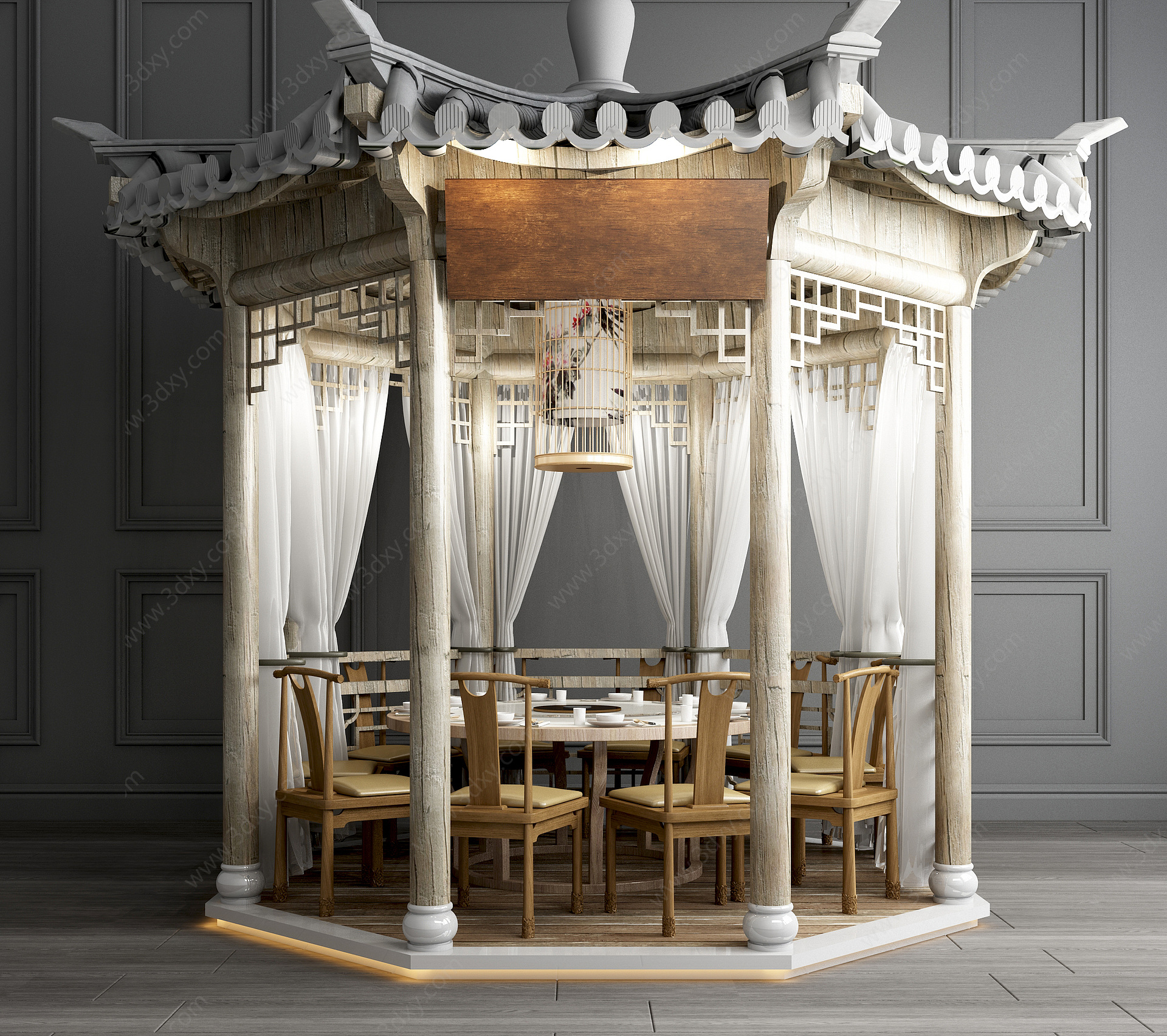 新中式古建凉亭亭子餐桌椅3D模型