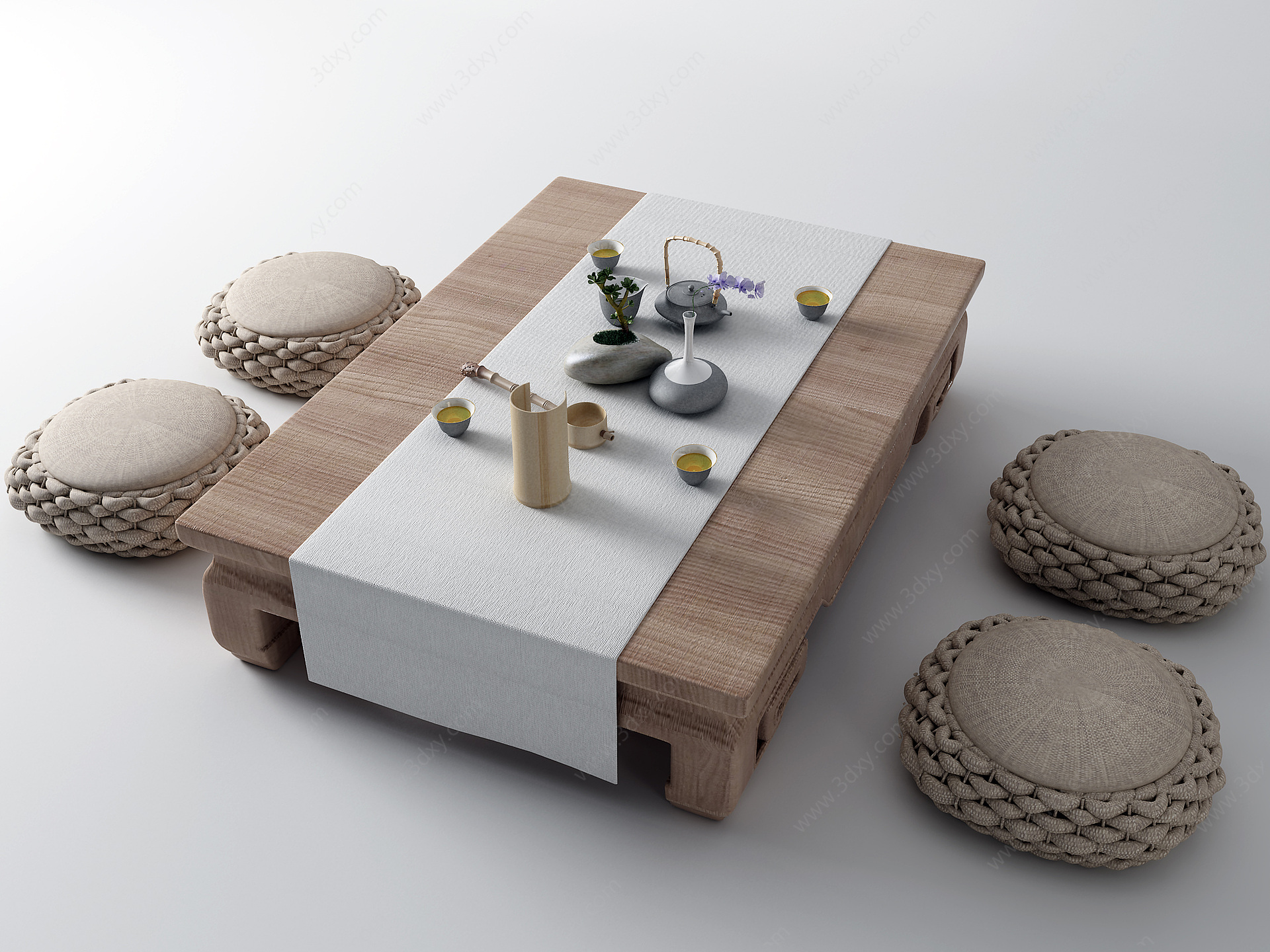 新中式休闲桌椅茶桌椅坐垫3D模型