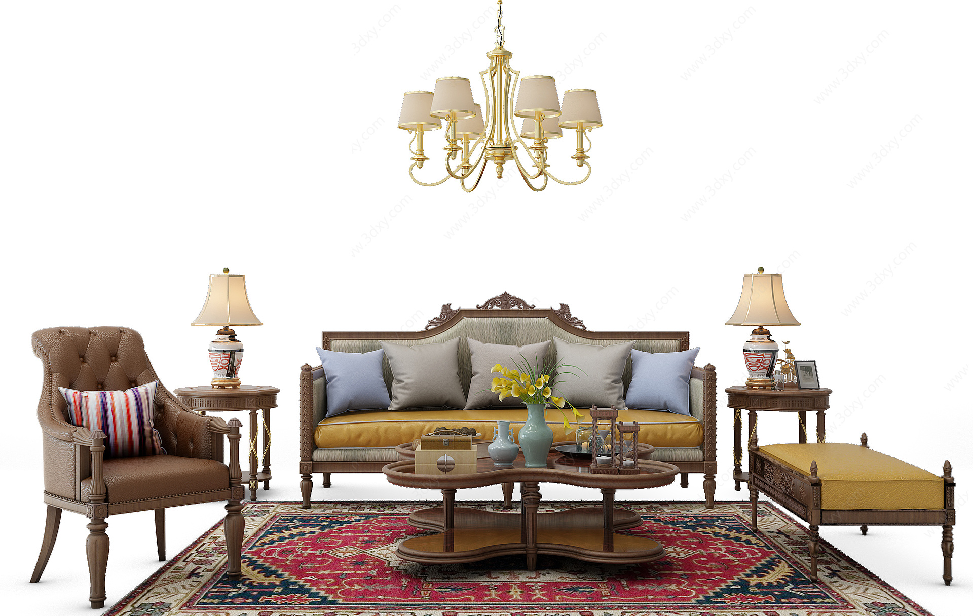 欧式美式客厅沙发茶几组合3D模型