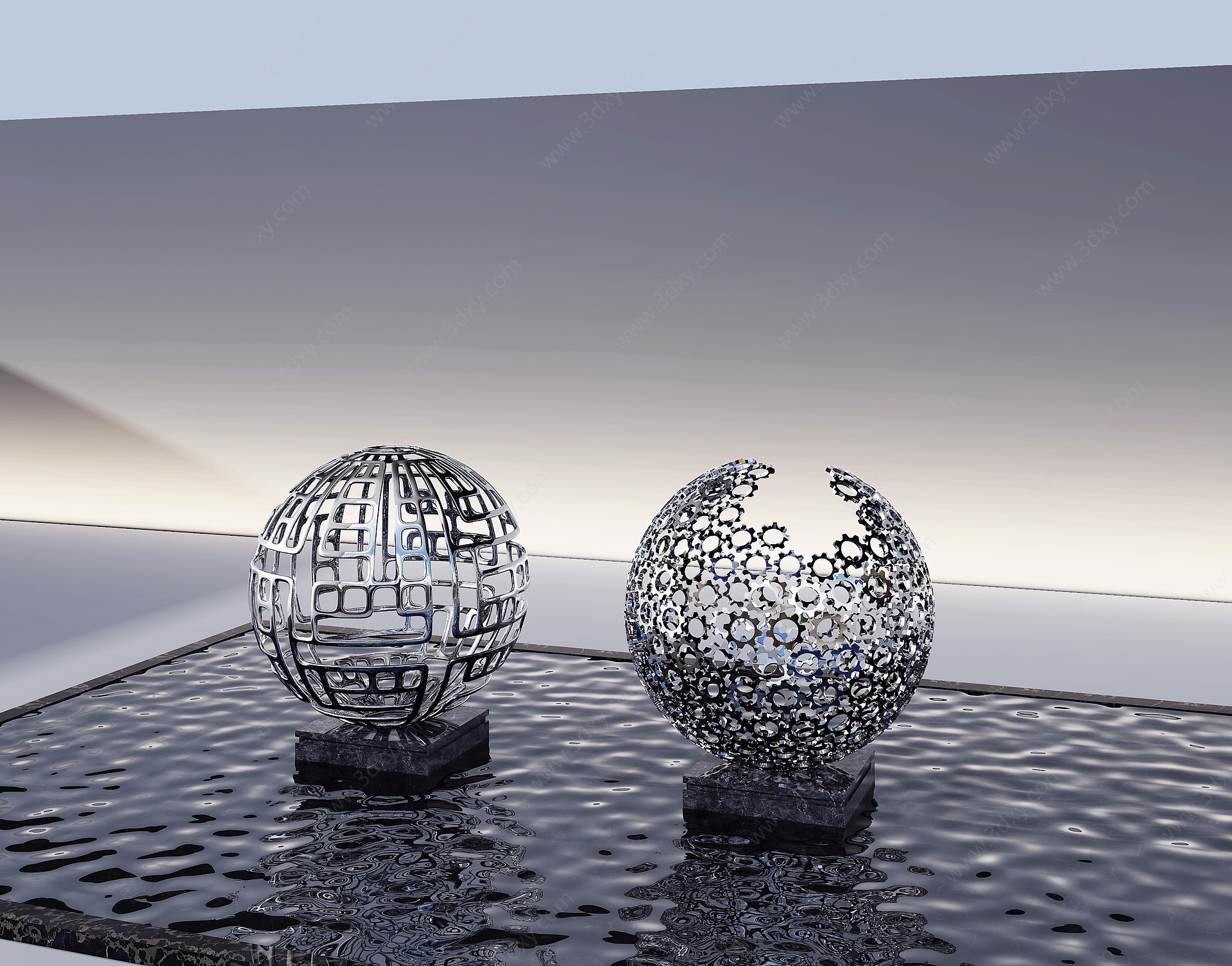 现代球形金属镂空雕塑3D模型