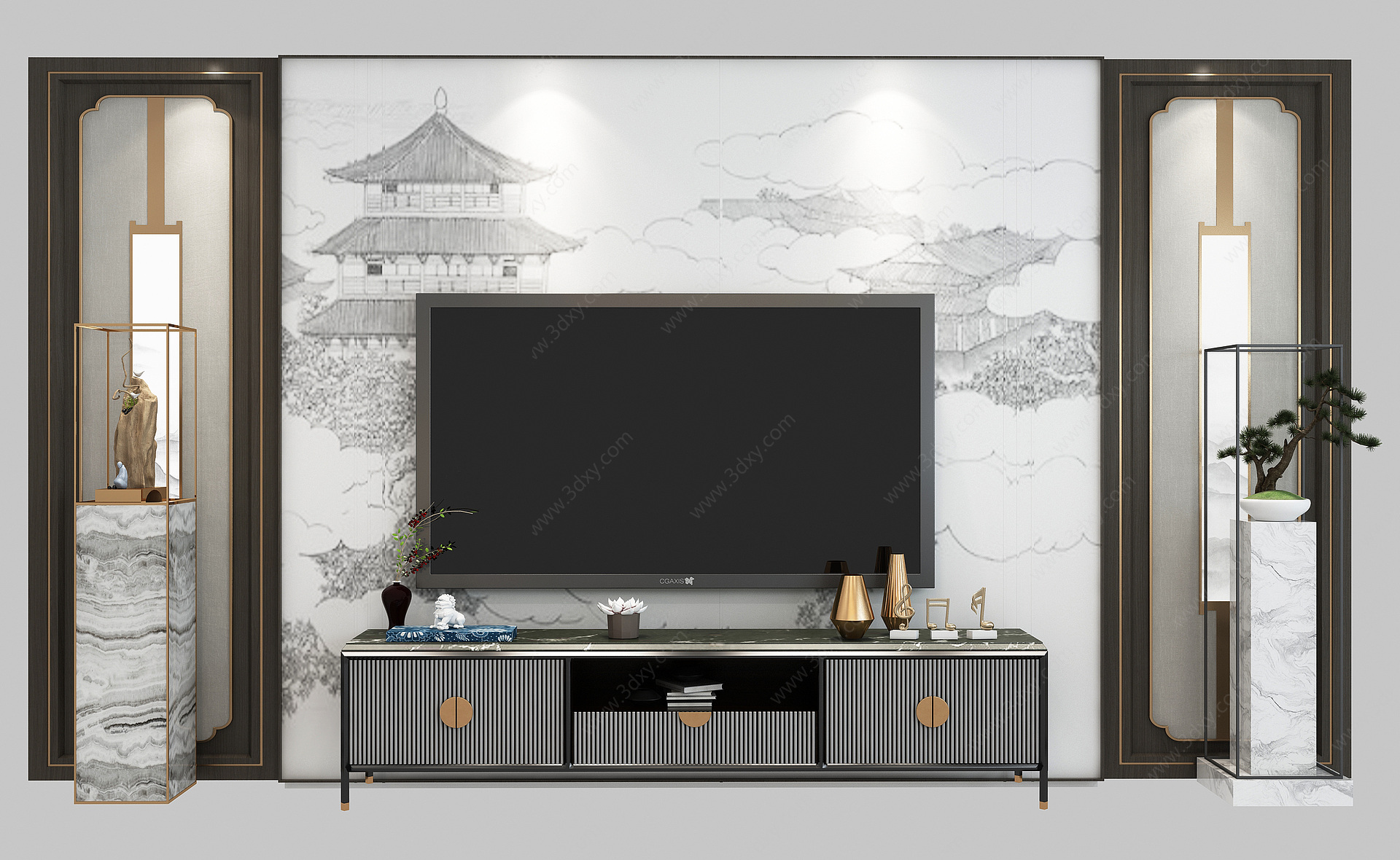 新中式电视背景墙组合3D模型