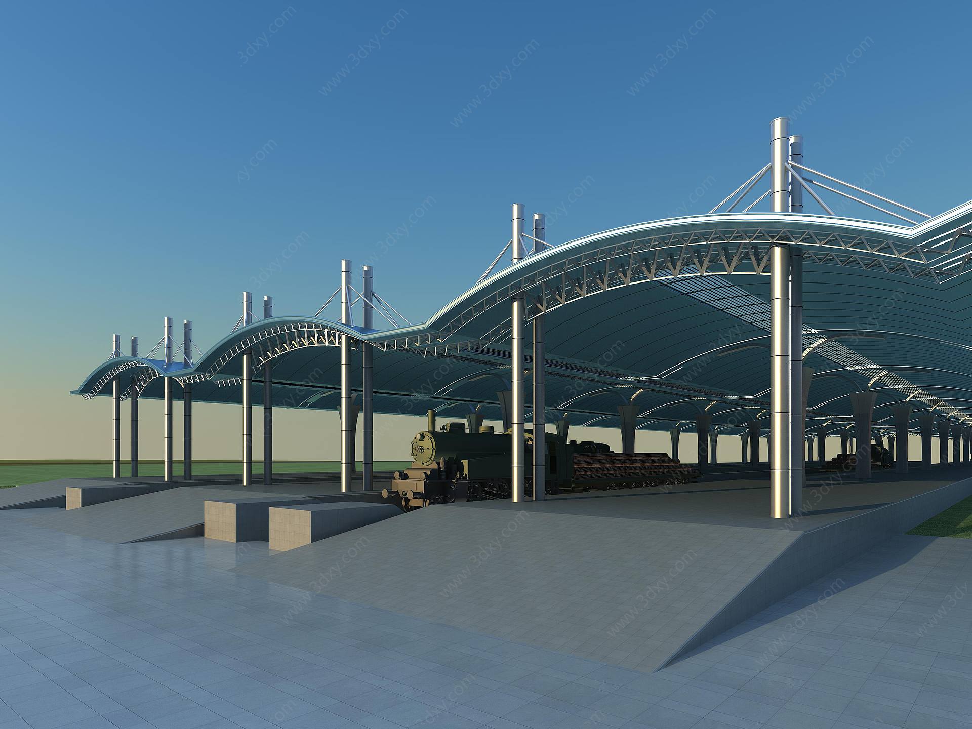 现代钢结构火车站棚3D模型