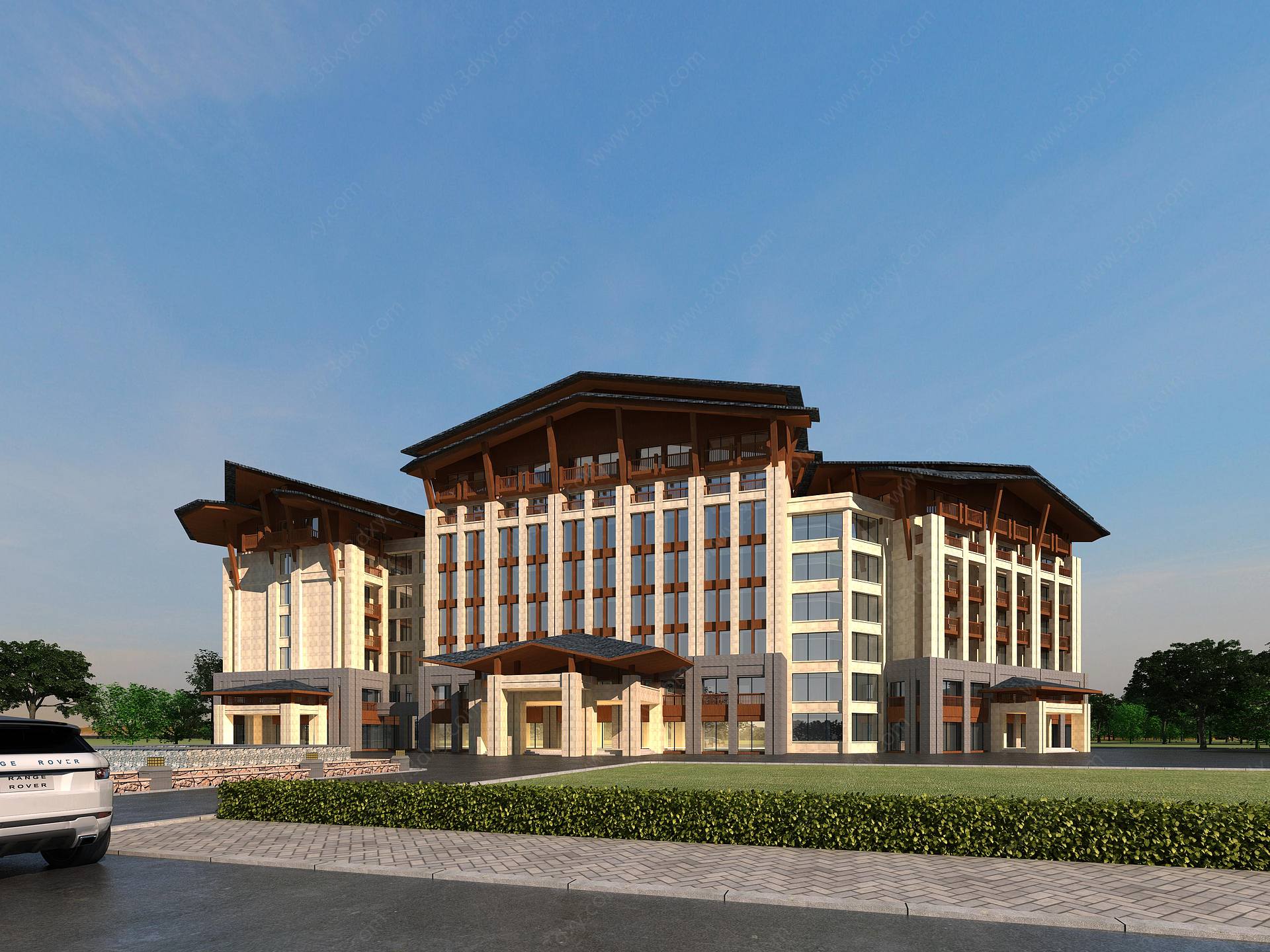 新中式建筑外观酒店会所3D模型