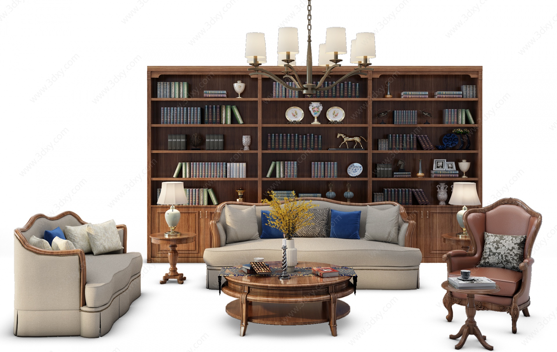欧式沙发茶几组合书柜3D模型