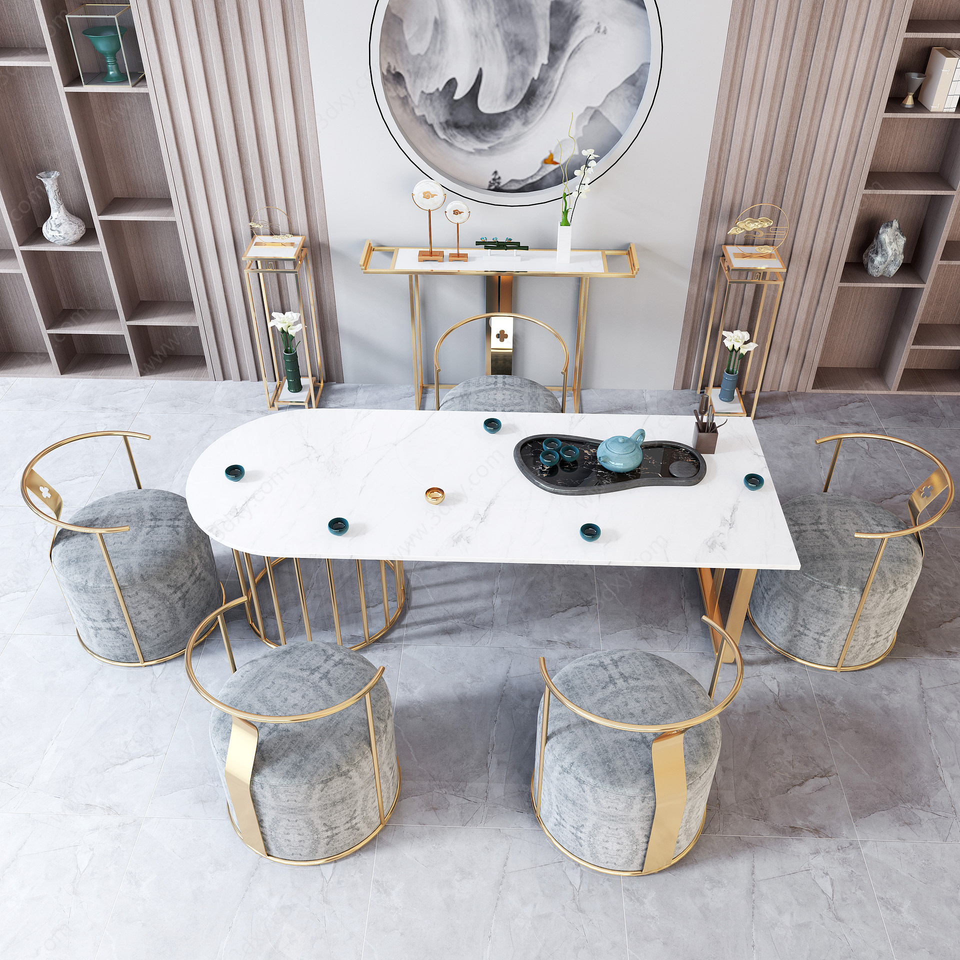 新中式茶室茶桌椅组合3D模型