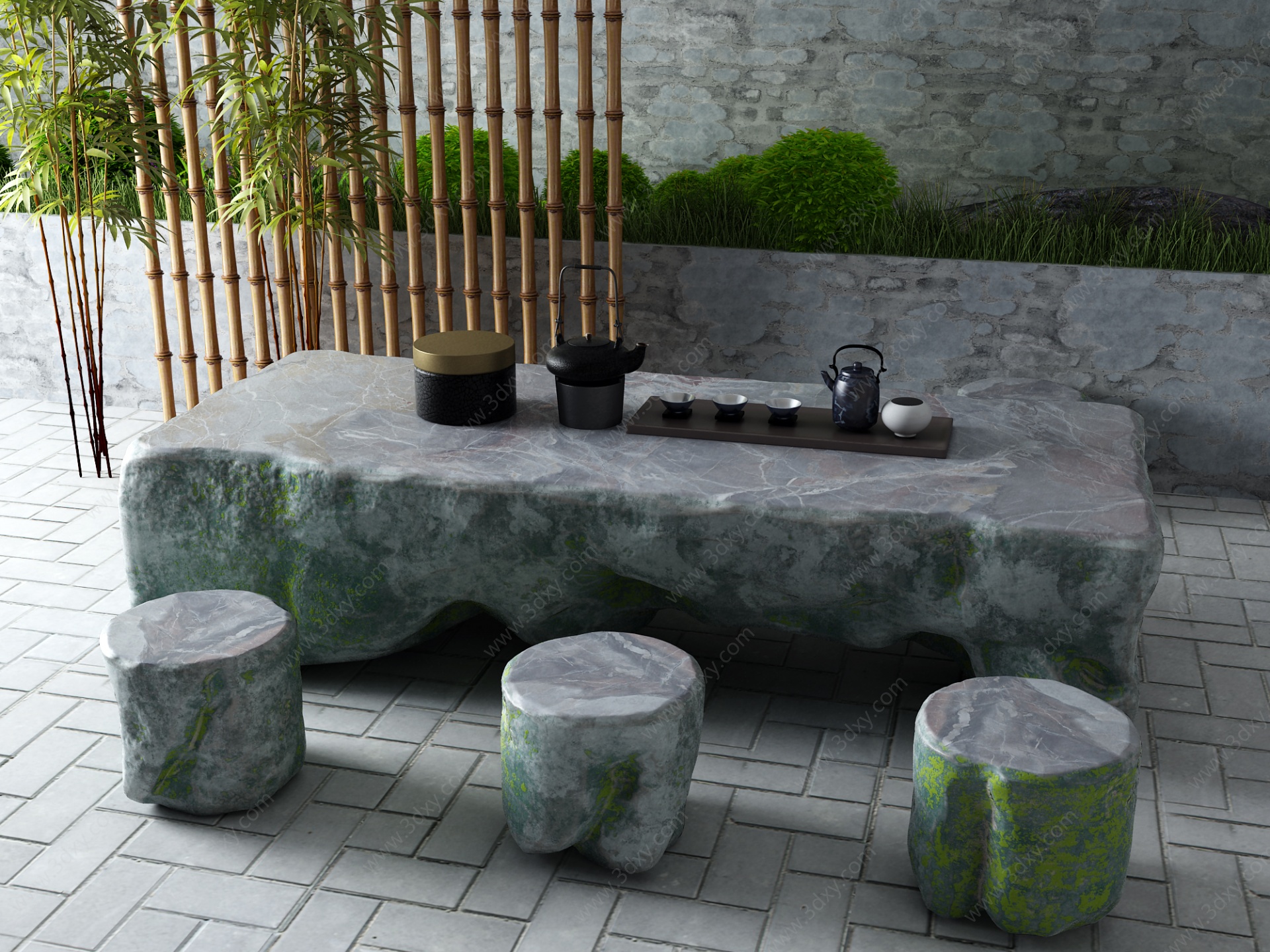 新中式茶桌椅竹子石桌3D模型