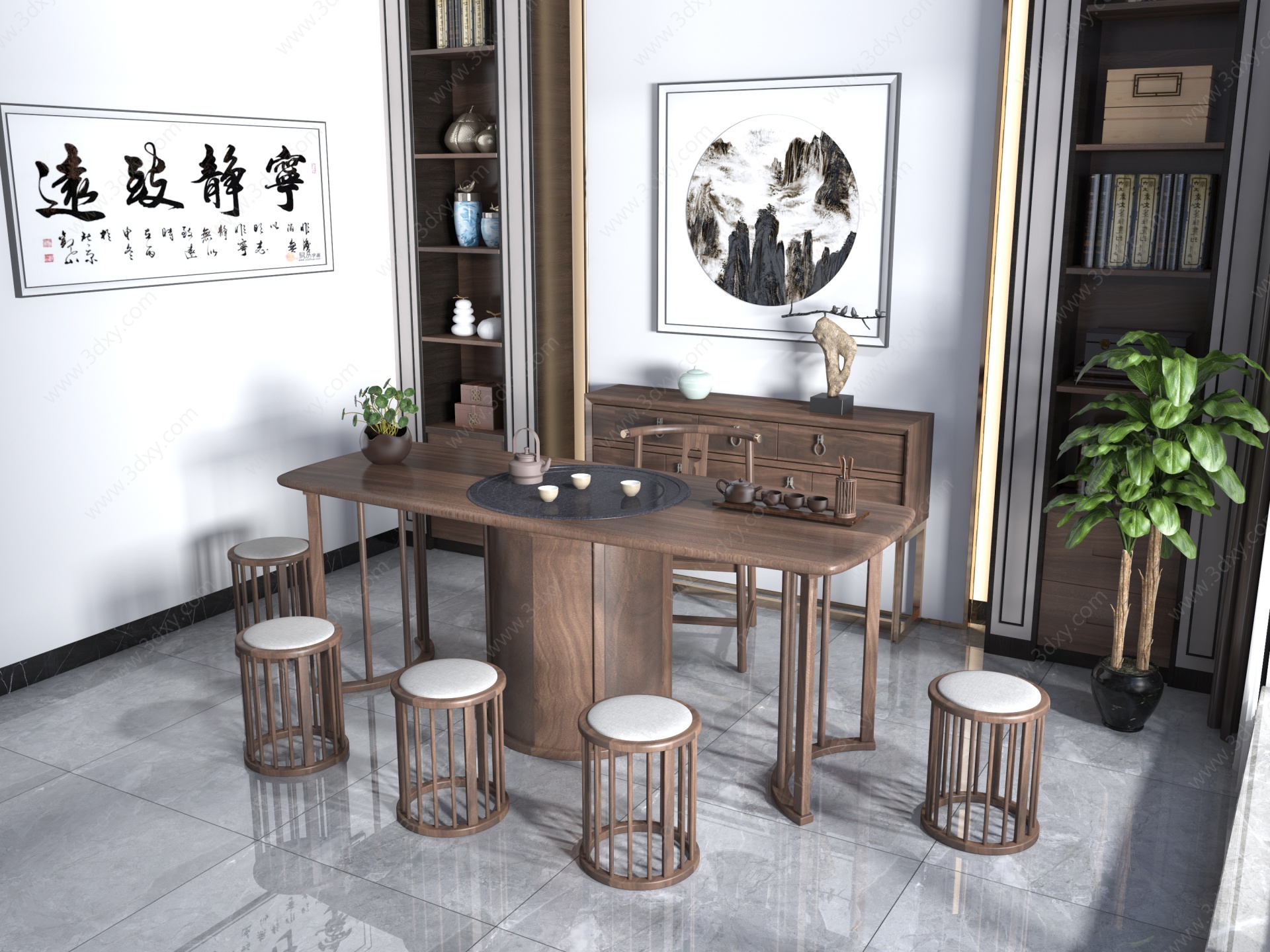 新中式茶桌茶室茶桌椅3D模型