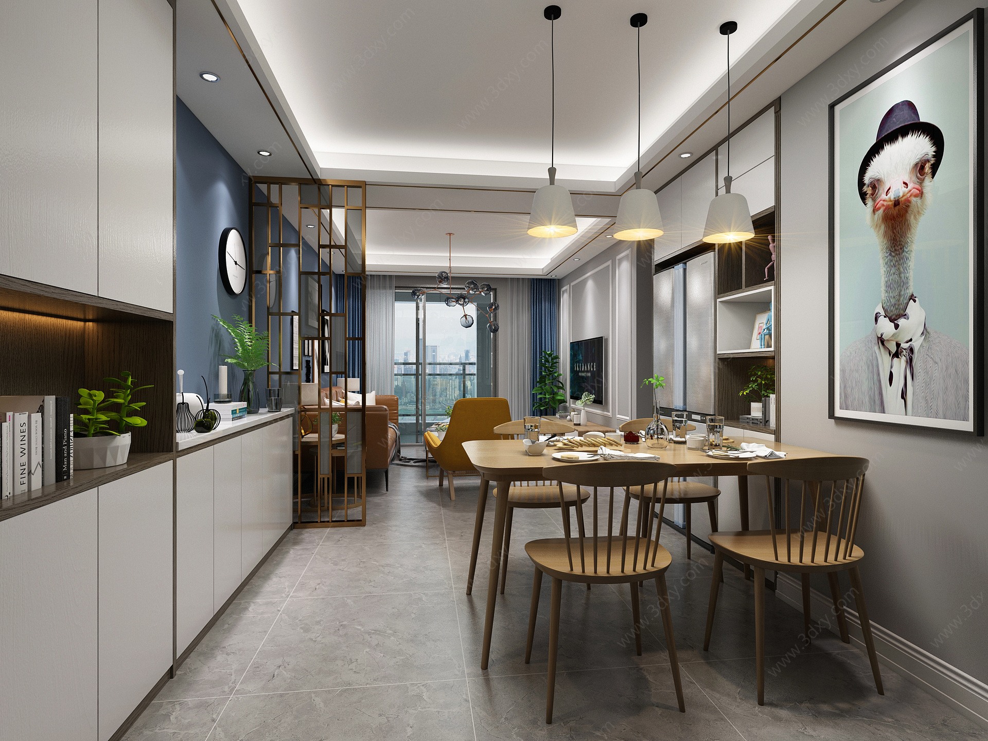 现代北欧风格客厅餐厅厨房3D模型
