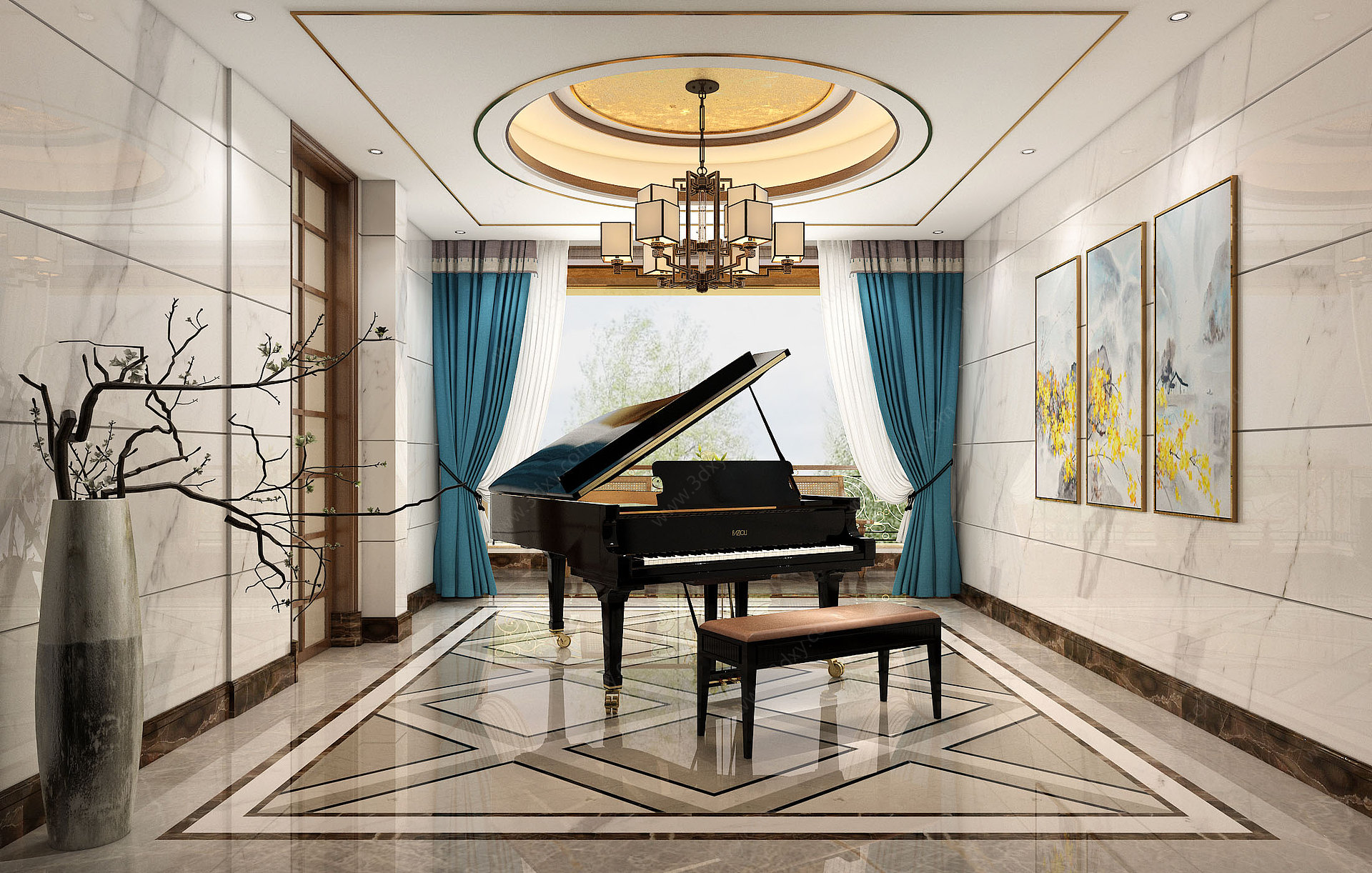 新中式钢琴房3D模型