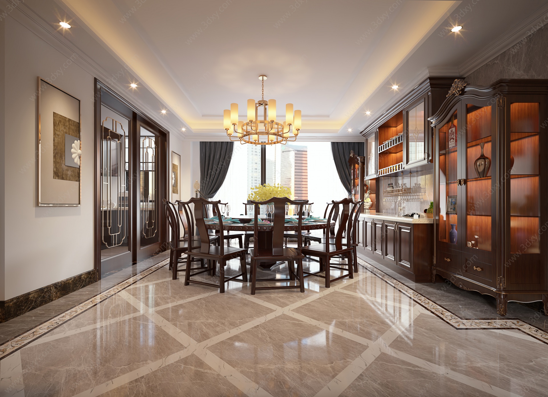新中式客厅餐厅家具组合3D模型