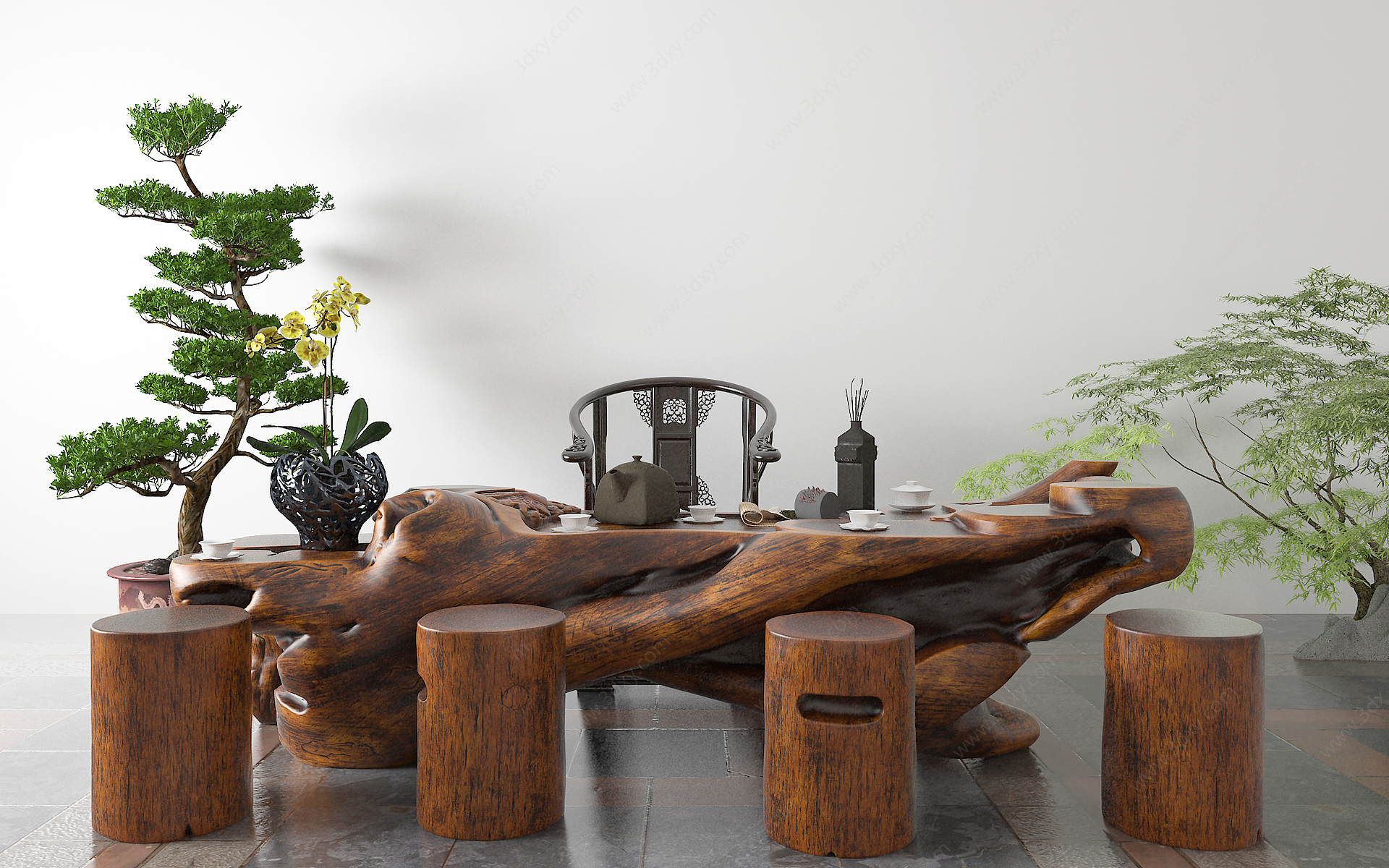 中式茶桌根雕茶海3D模型