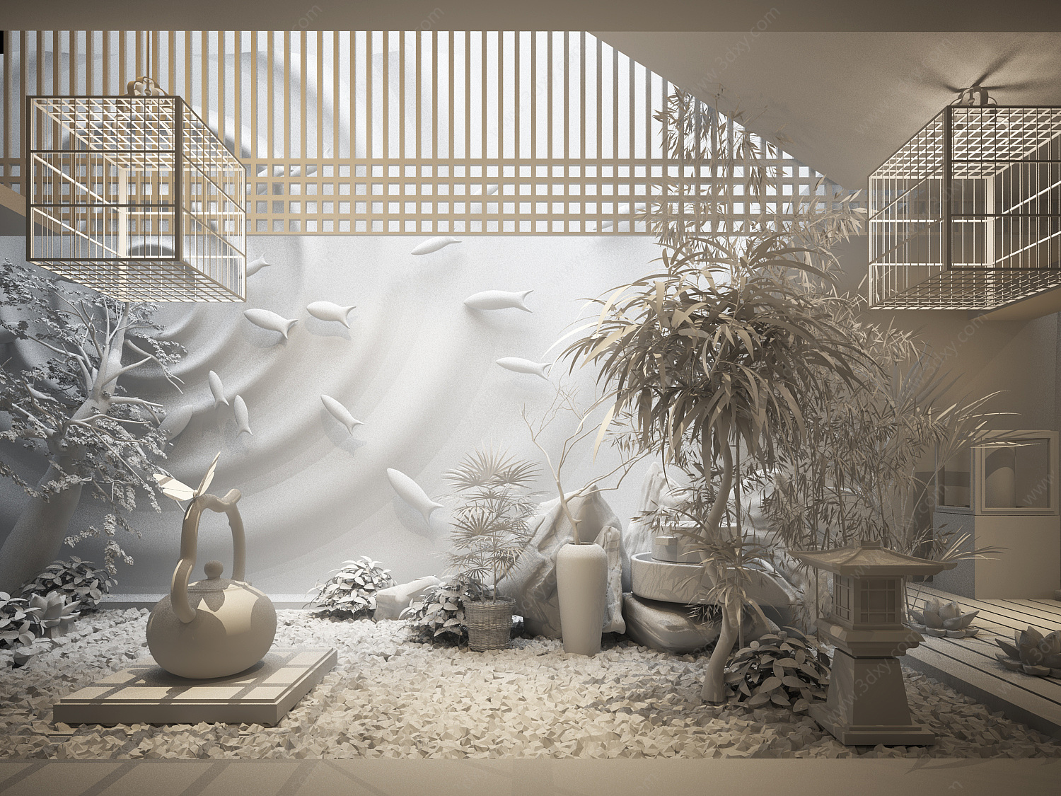 新中式庭院花园3D模型