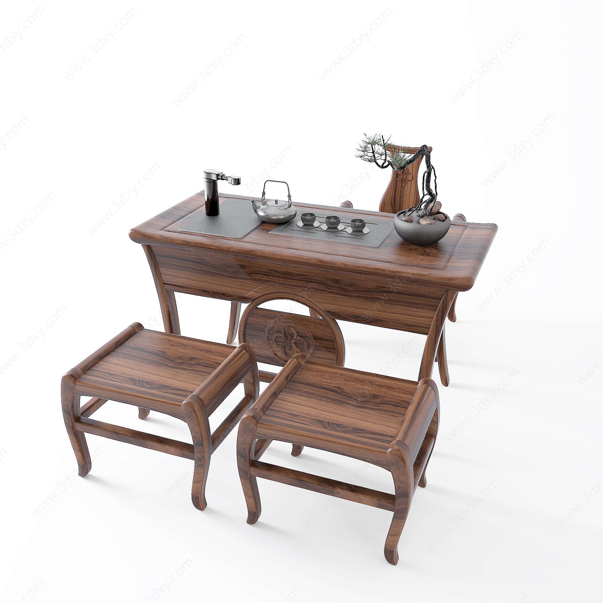 中式茶桌椅茶具3D模型