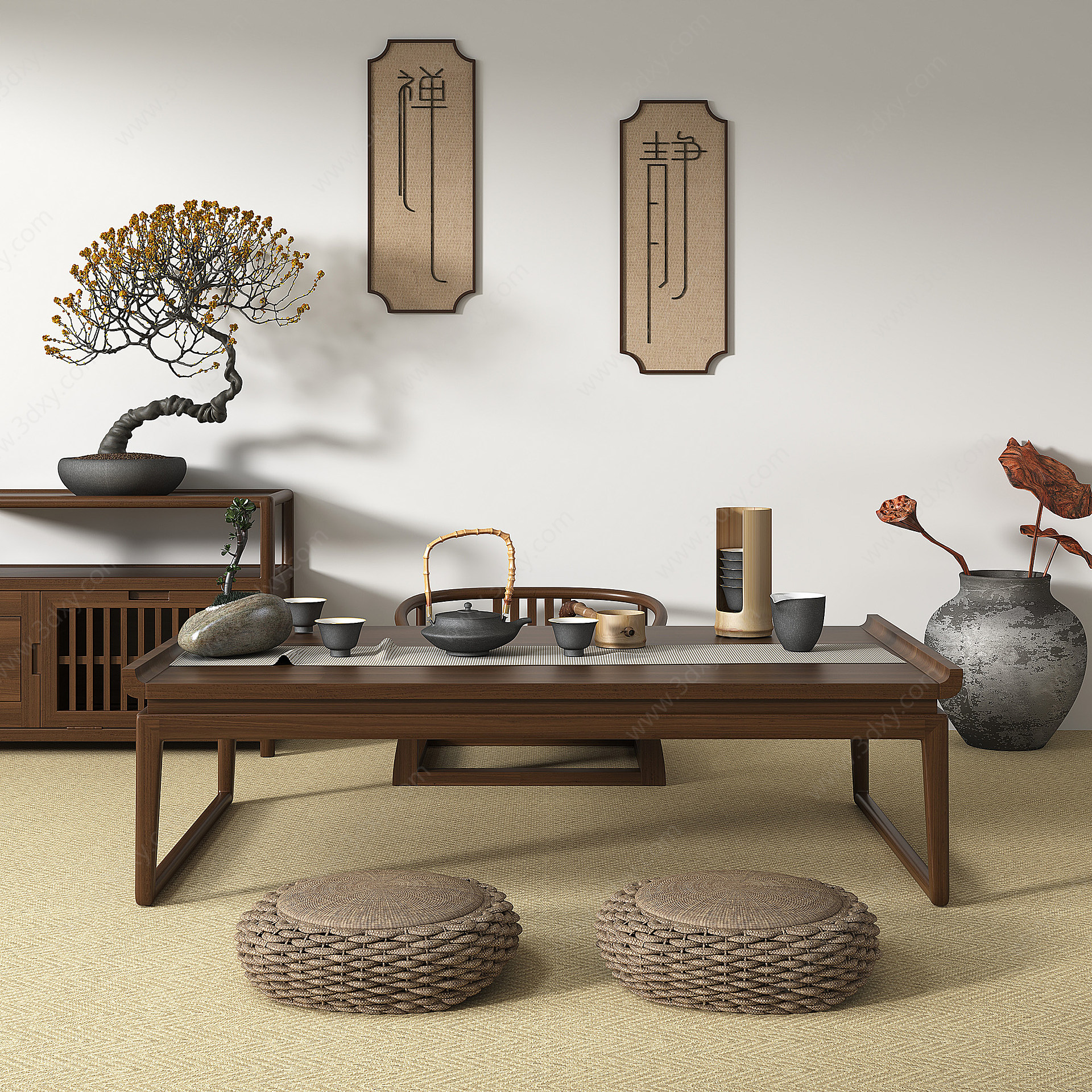 新中式休闲茶桌椅组合3D模型