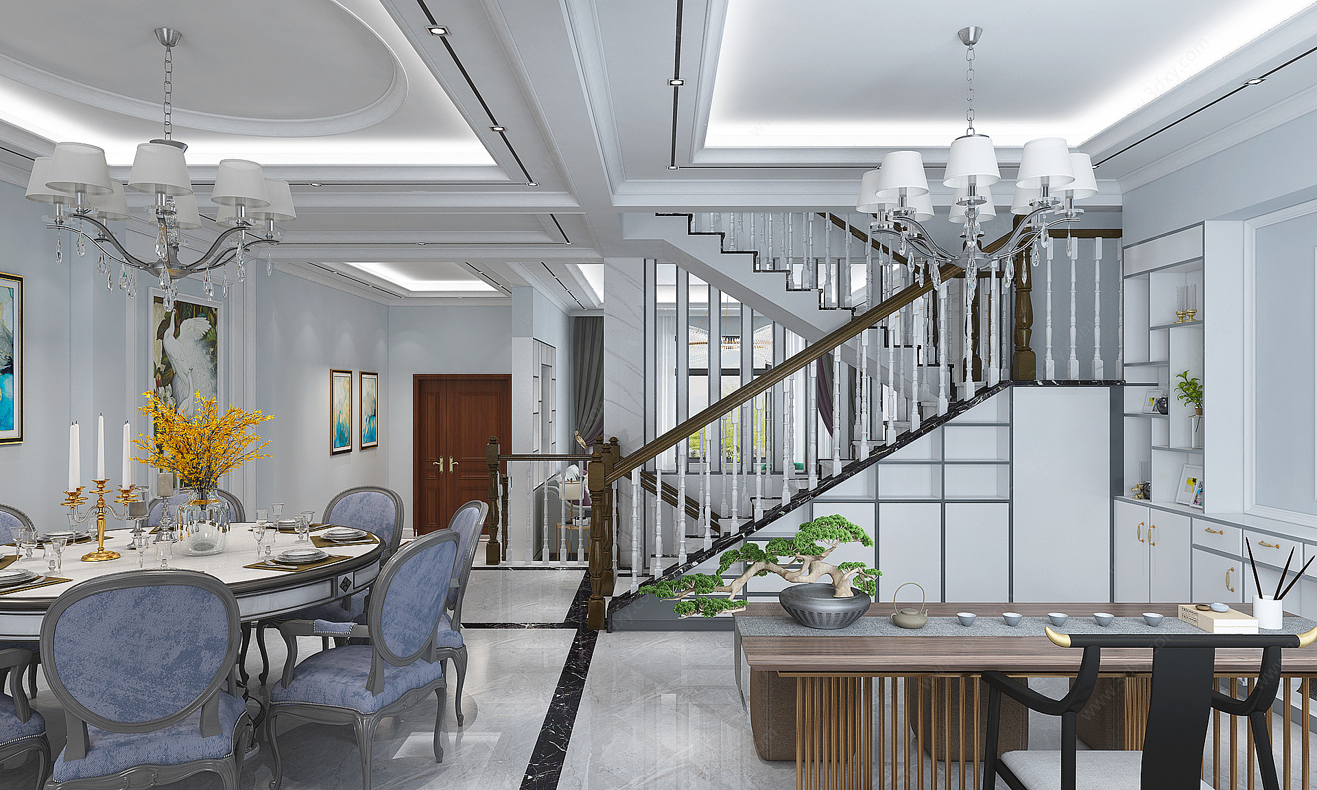 轻奢别墅客厅餐厅楼梯3D模型