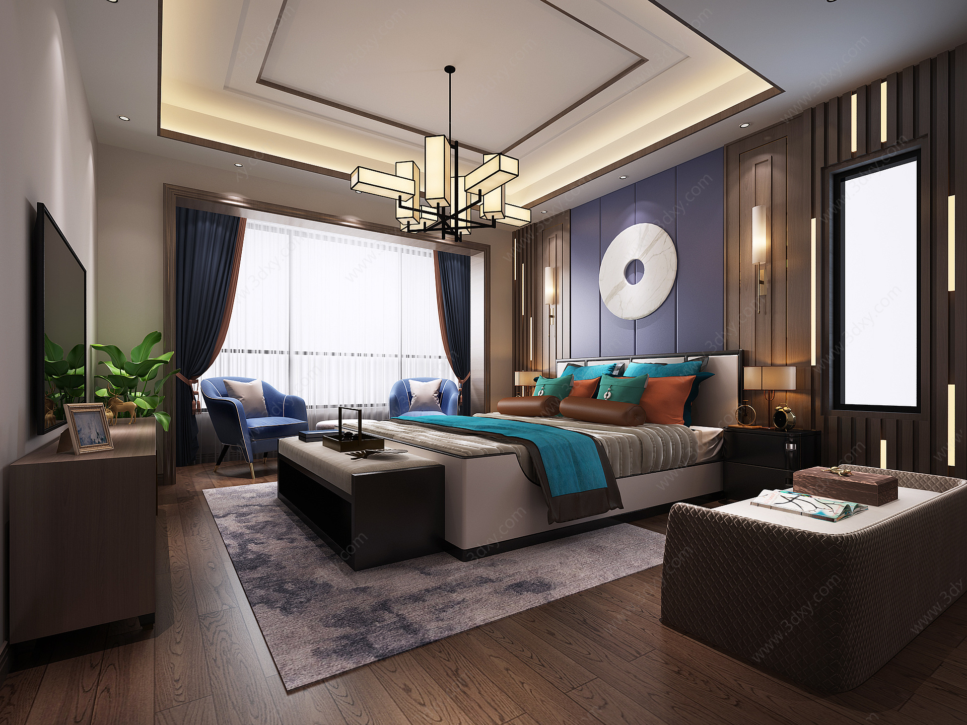 新中式主卧室双人床吊灯3D模型