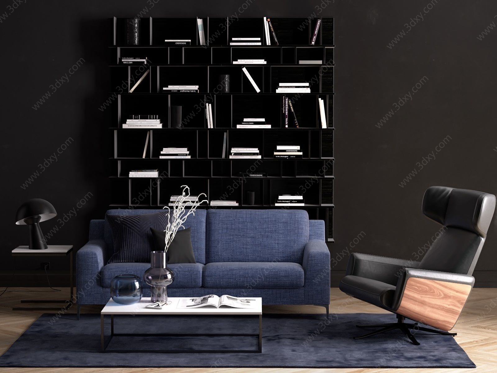 现代客厅蓝色布艺双人沙发3D模型