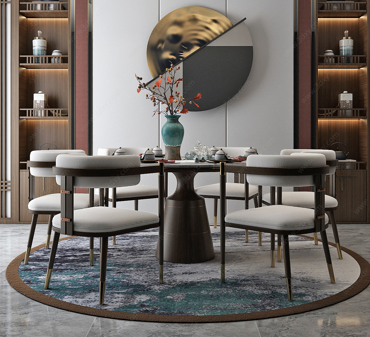 新中式餐厅木质餐桌酒柜3D模型