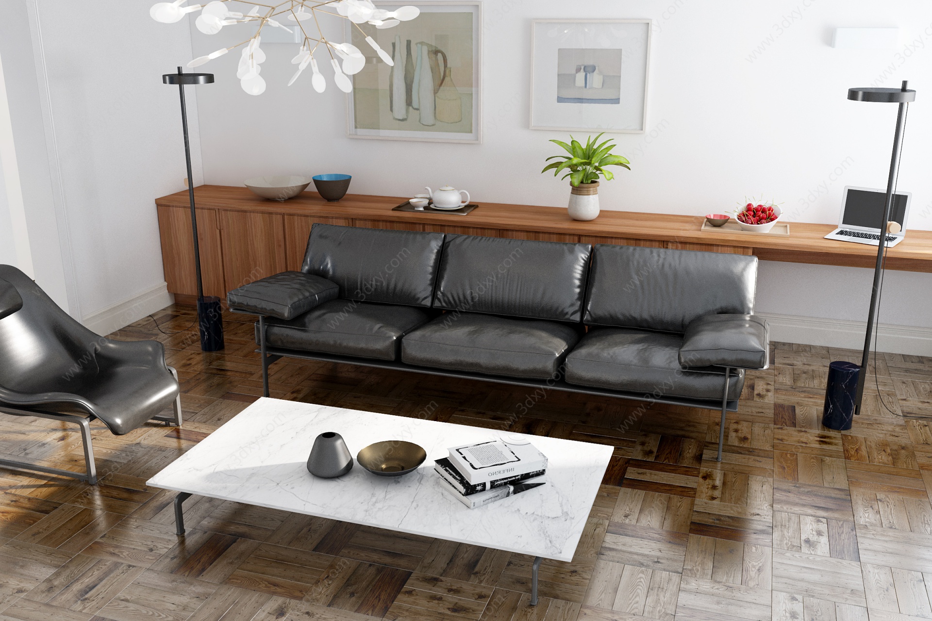 黑色皮质沙发3D模型