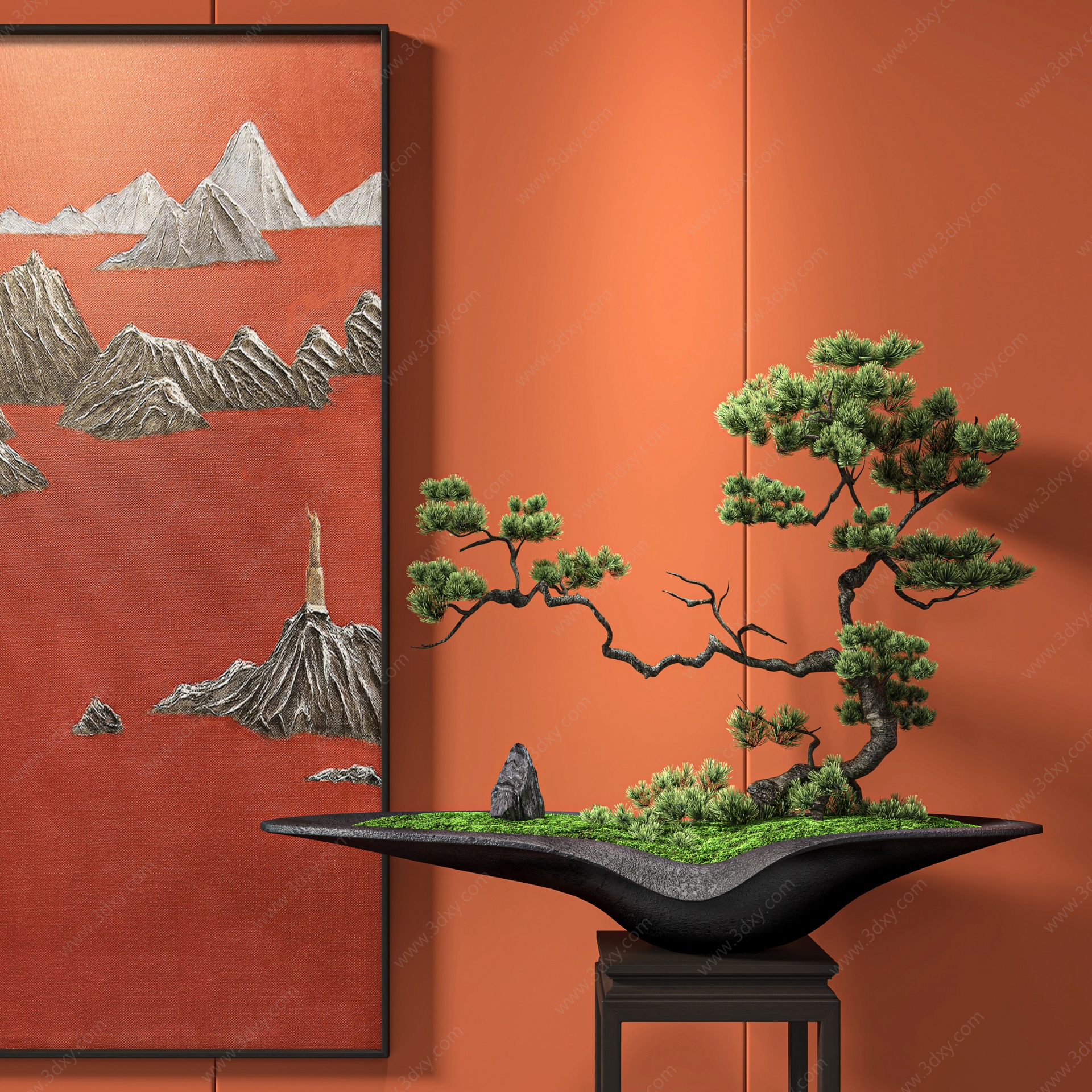 新中式松树盆栽摆件3D模型