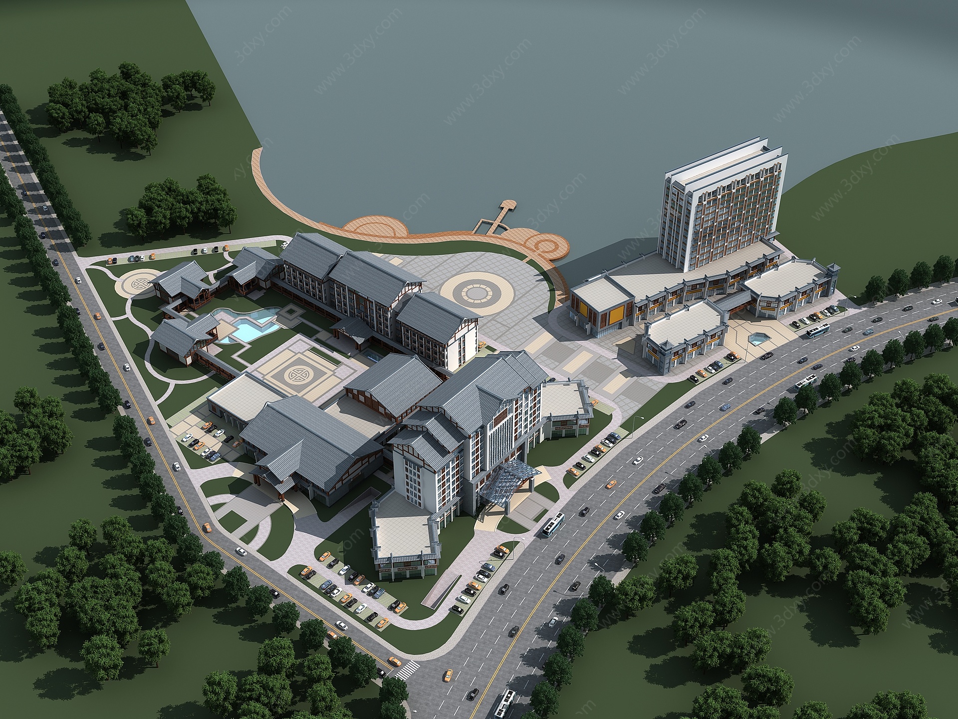 新中式酒店鸟瞰规划3D模型