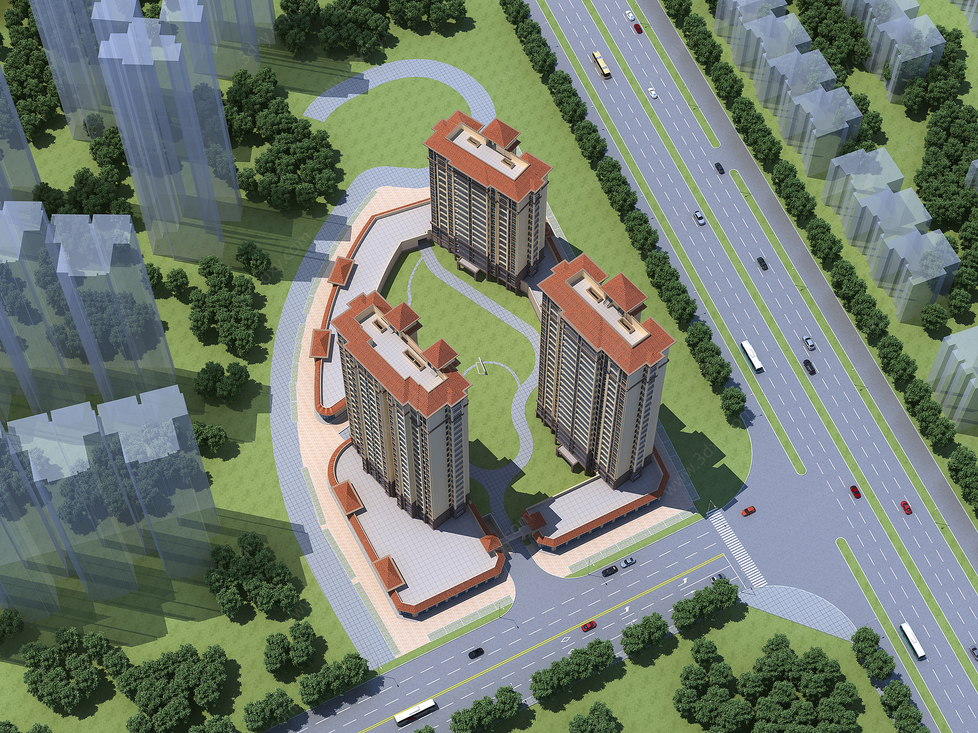 简欧高层住宅鸟瞰规划3D模型