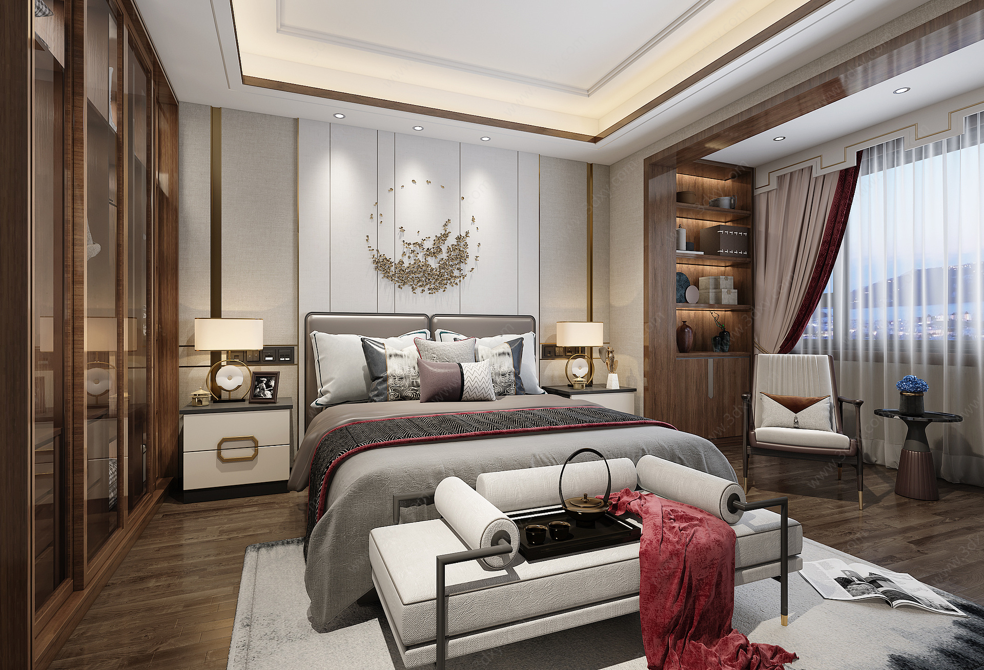 新中式简约主人房卧室3D模型
