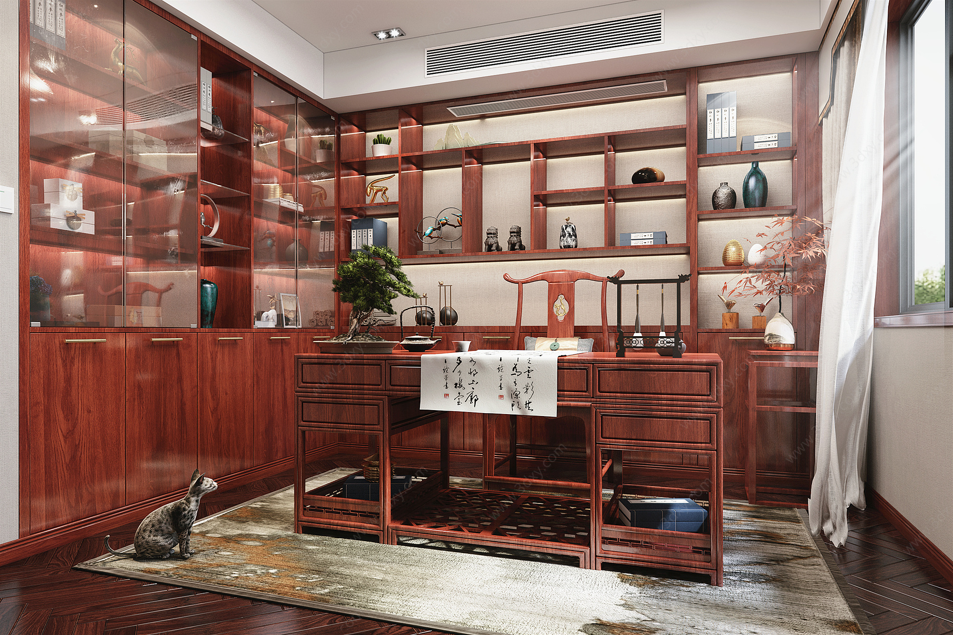 新中式风格书房书柜书桌3D模型