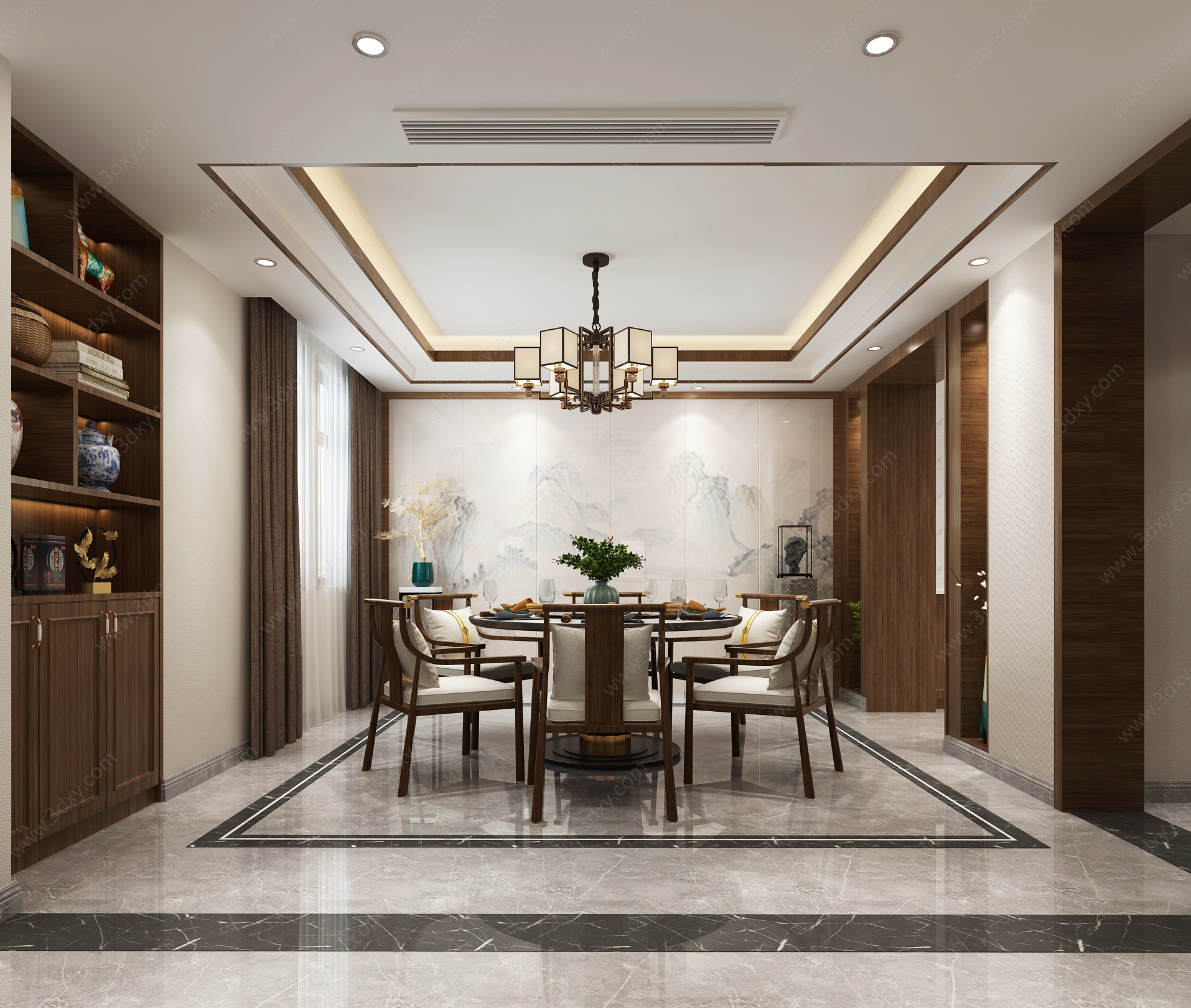新中式别墅客厅餐厅3D模型