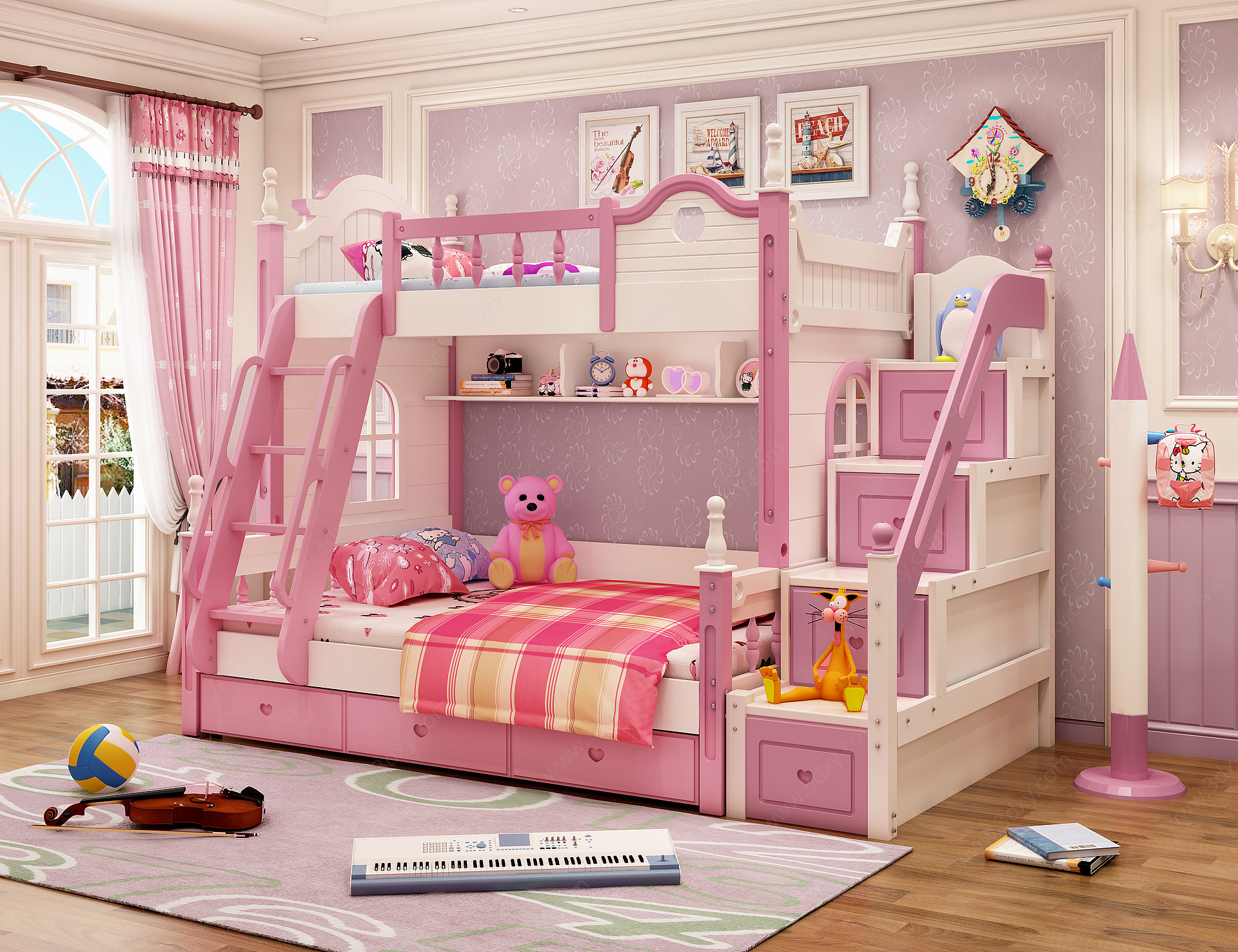 美式卧室儿童上下床3D模型