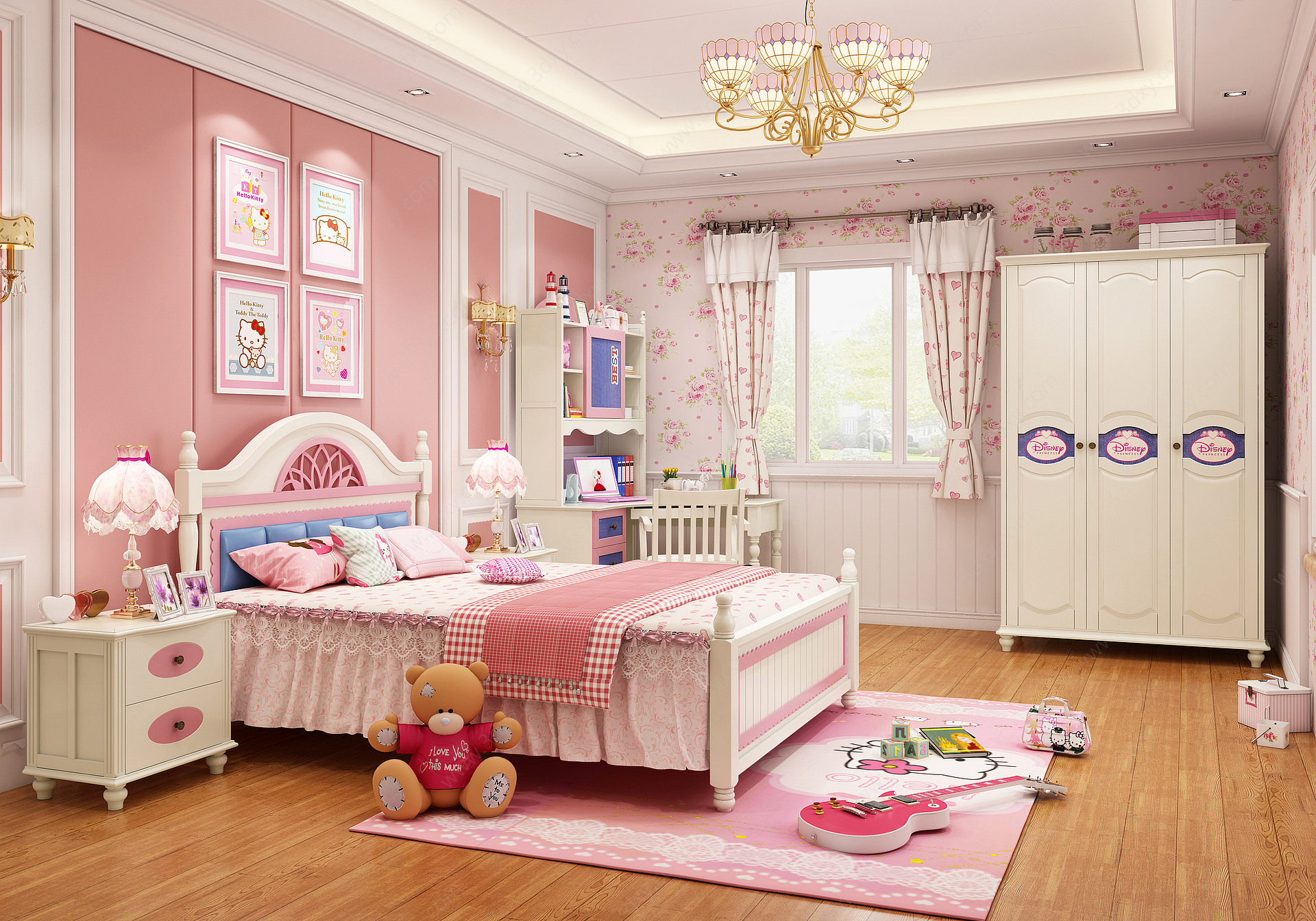 美式卧室女孩儿童房3D模型