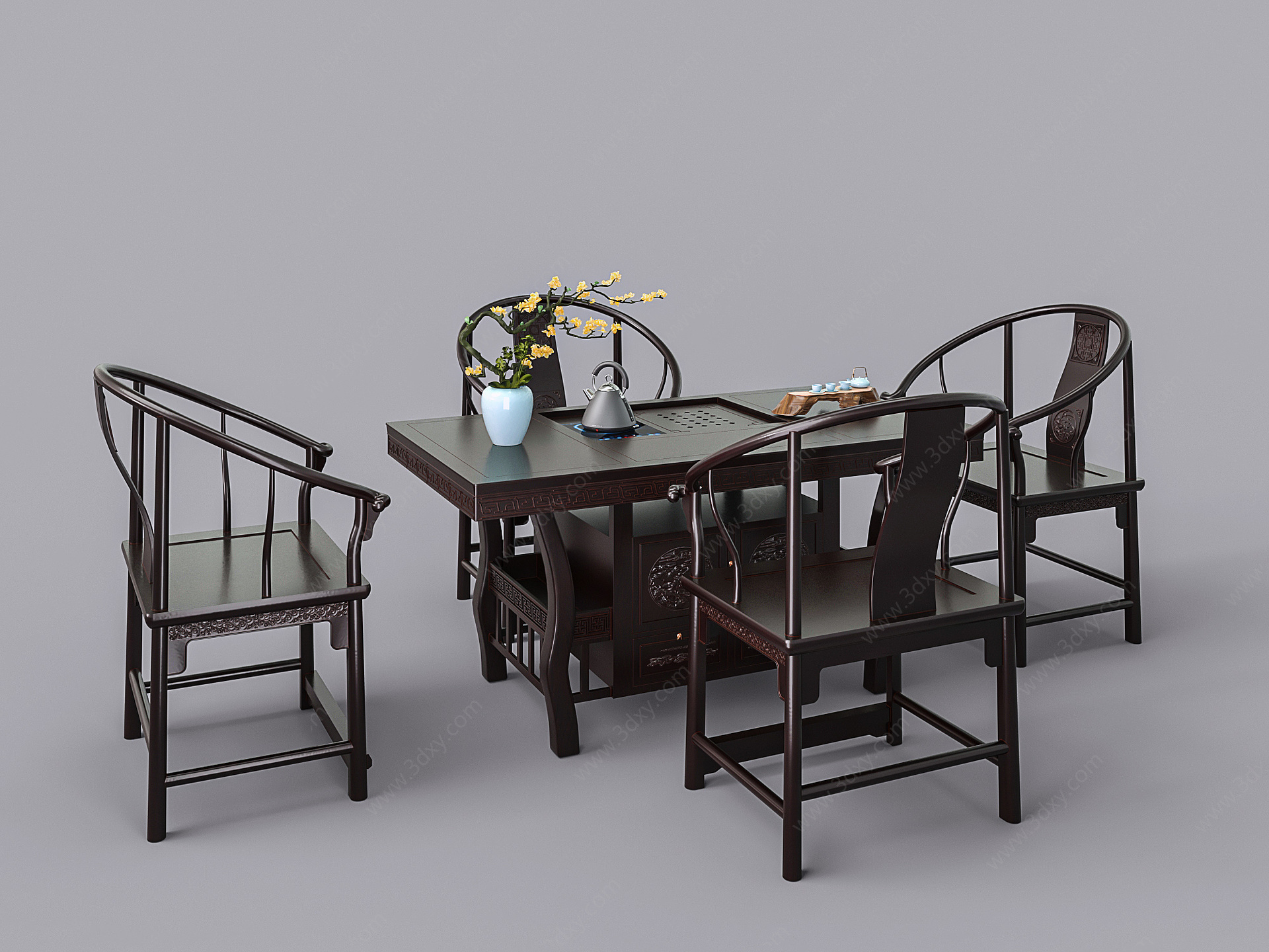 中式红木茶桌椅组合3D模型