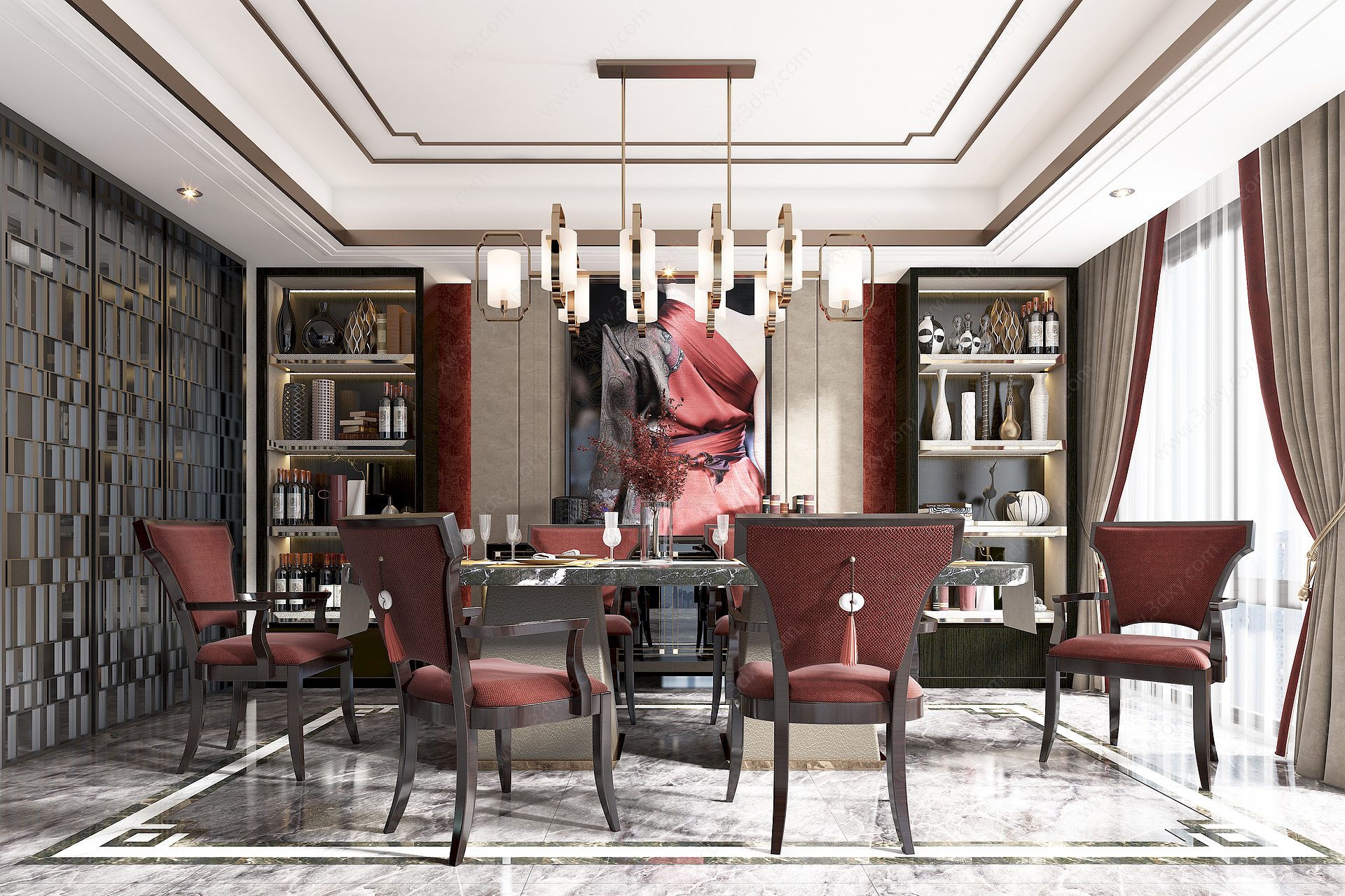 新中式餐厅餐桌椅3D模型