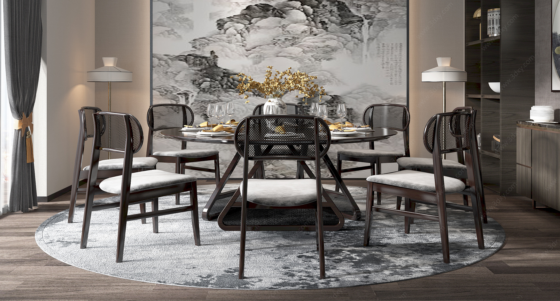 新中式圆餐厅圆餐桌餐椅3D模型