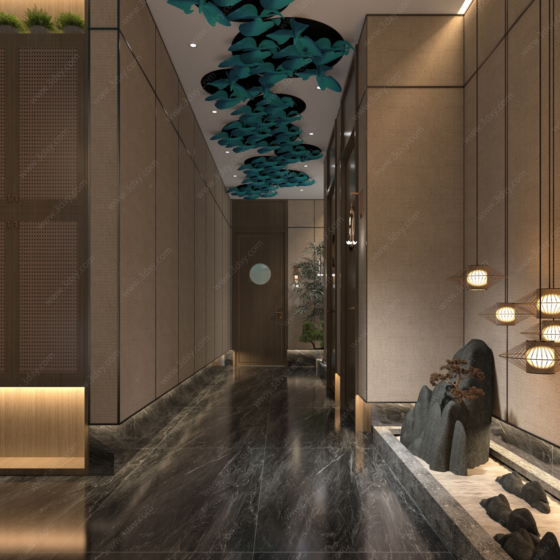 新中式洗浴中心走廊3D模型