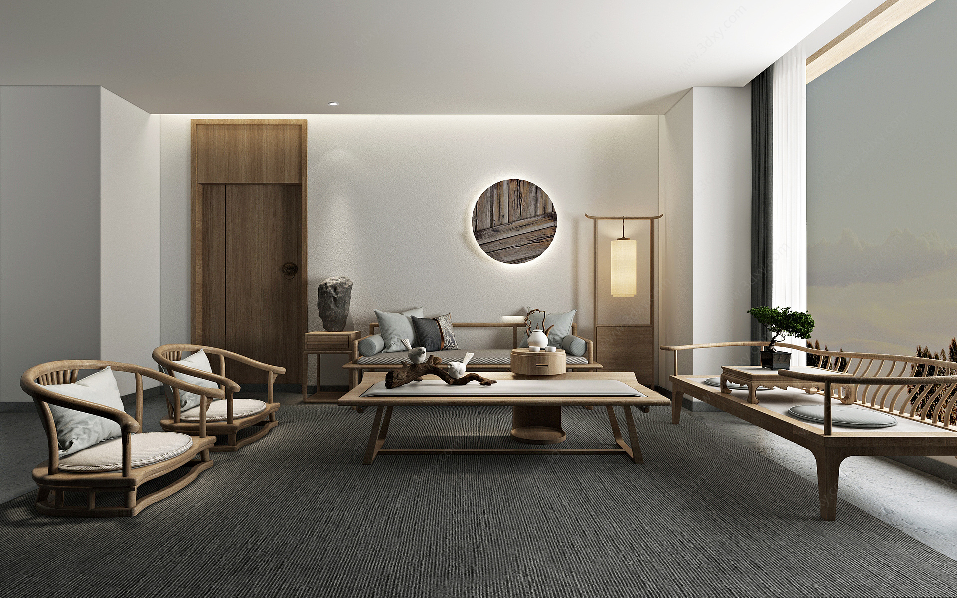 新中式民宿客厅茶桌椅3D模型