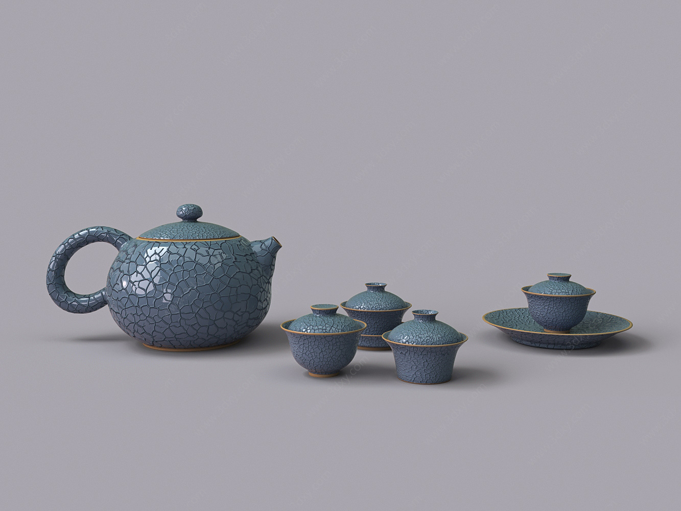 中式冰片釉茶壶茶杯茶具3D模型