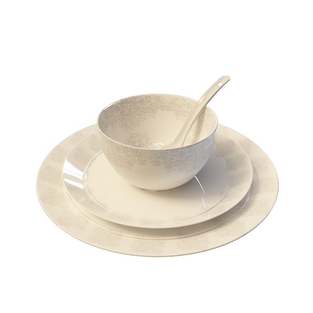 白色印花陶瓷碗碟餐具3D模型