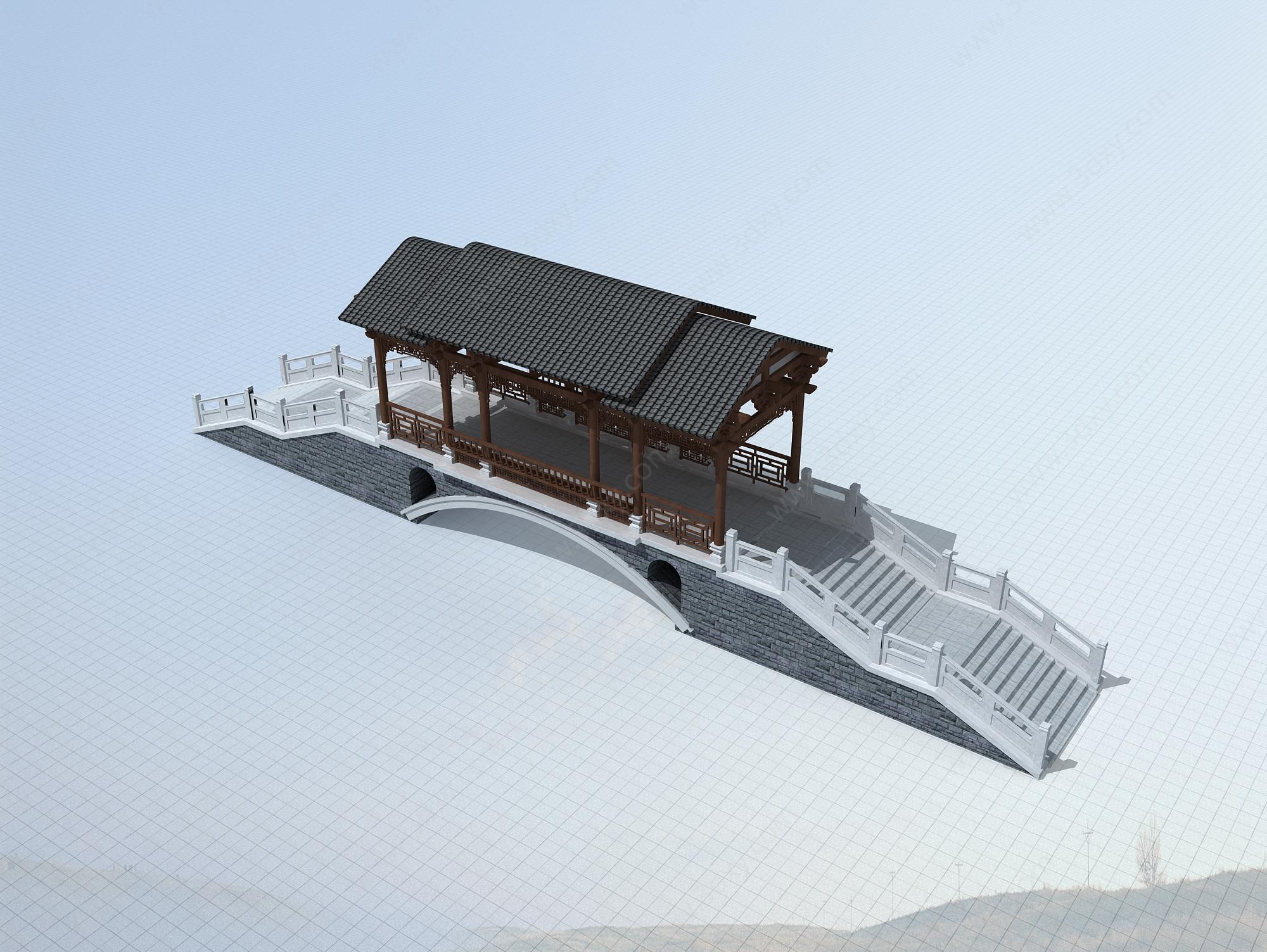 原创中式廊桥3d模型 关键词:3d廊桥模型3d仿古建筑廊桥模型3d景观