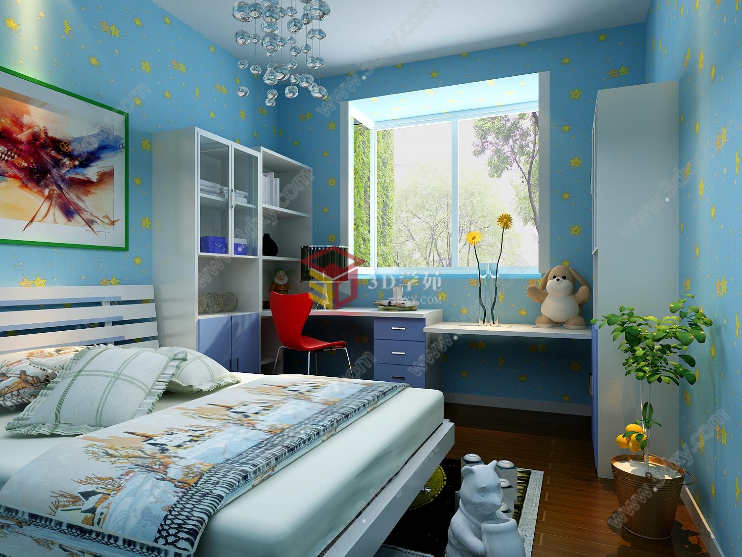 蓝色儿童房装修3D模型