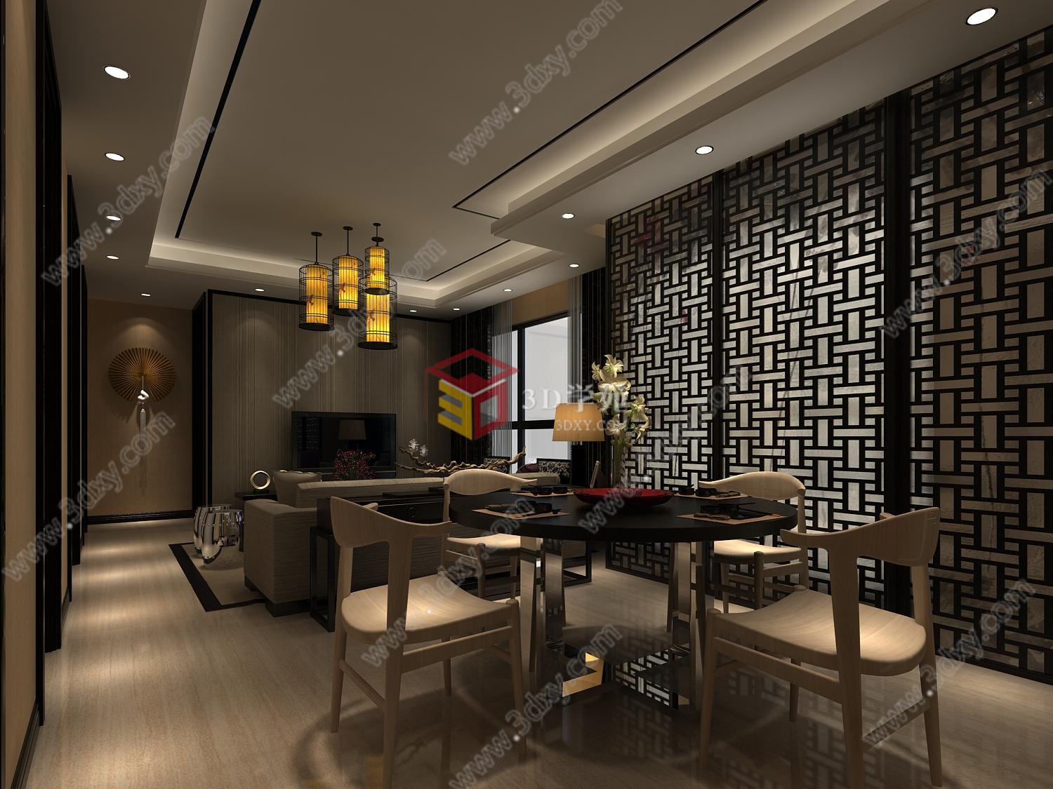 中式客厅餐厅3D模型