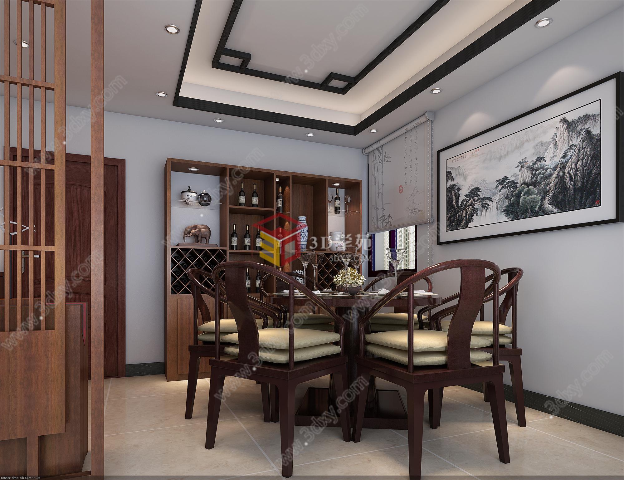 中式客厅餐厅3D模型