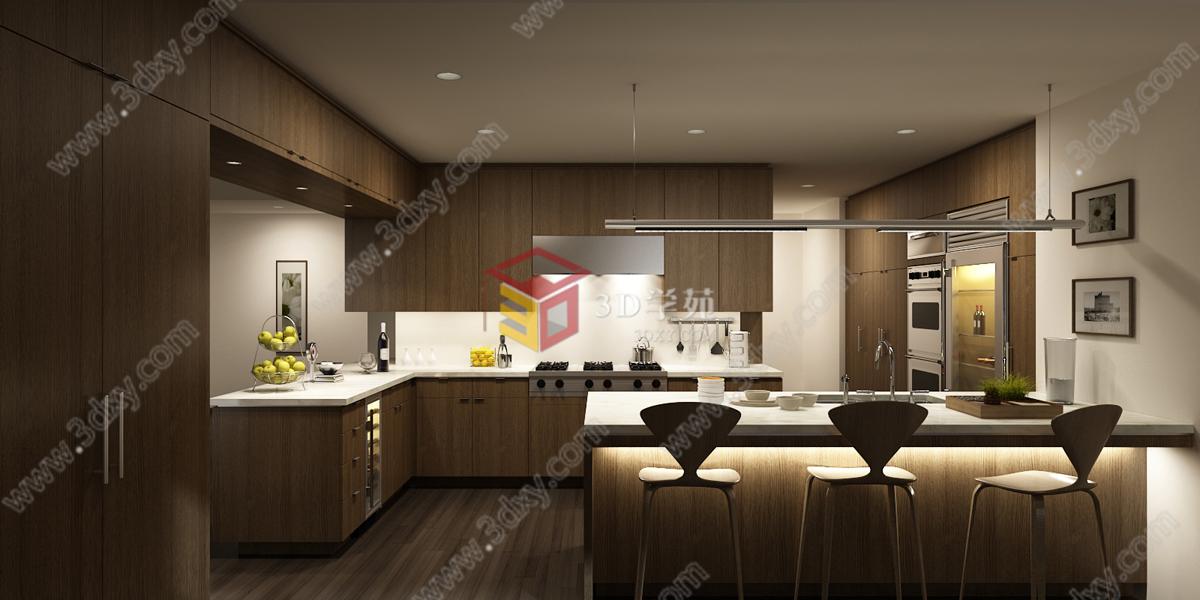 现代开放式厨房餐厅3D模型