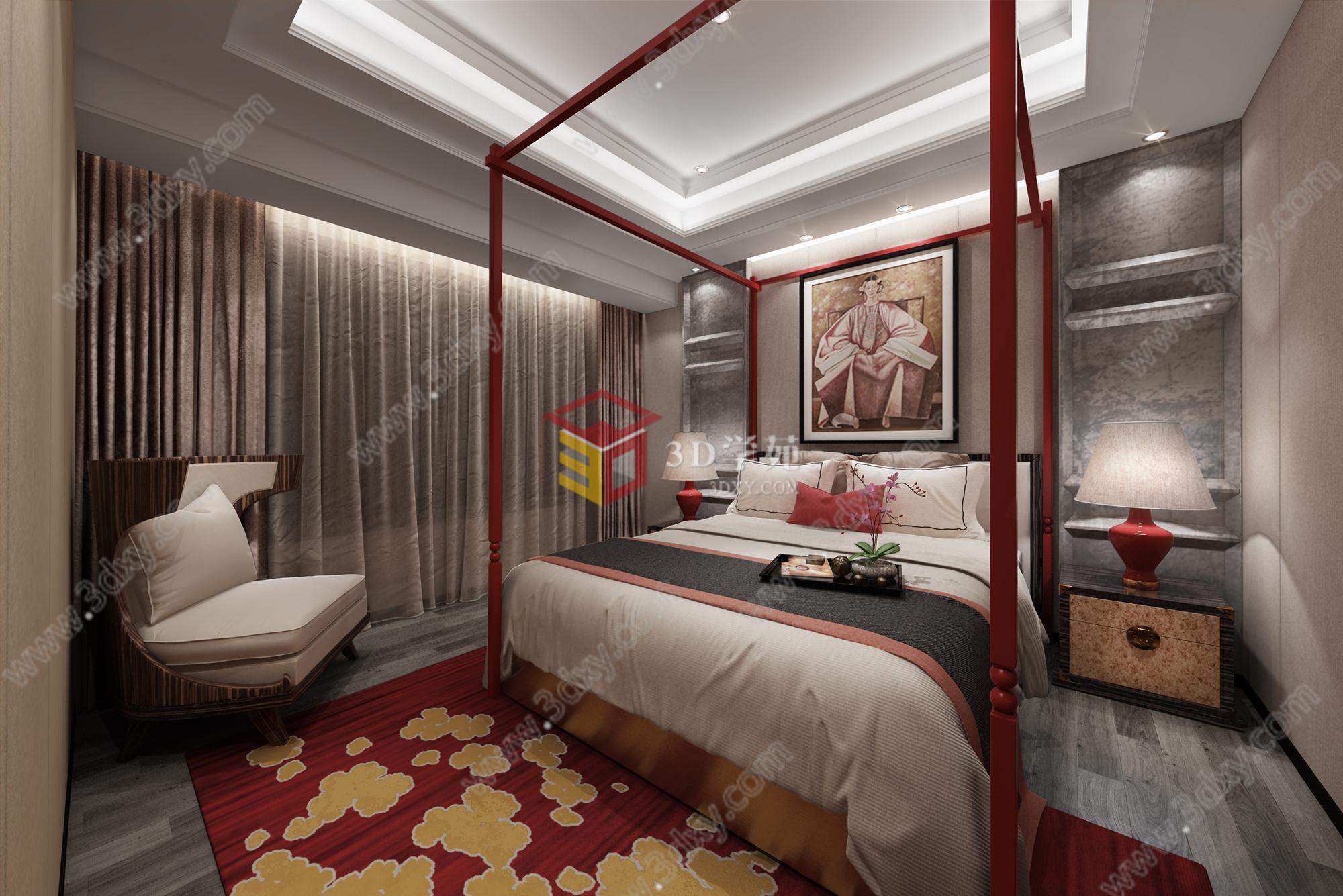 新中式卧室床具床头柜台灯3D模型