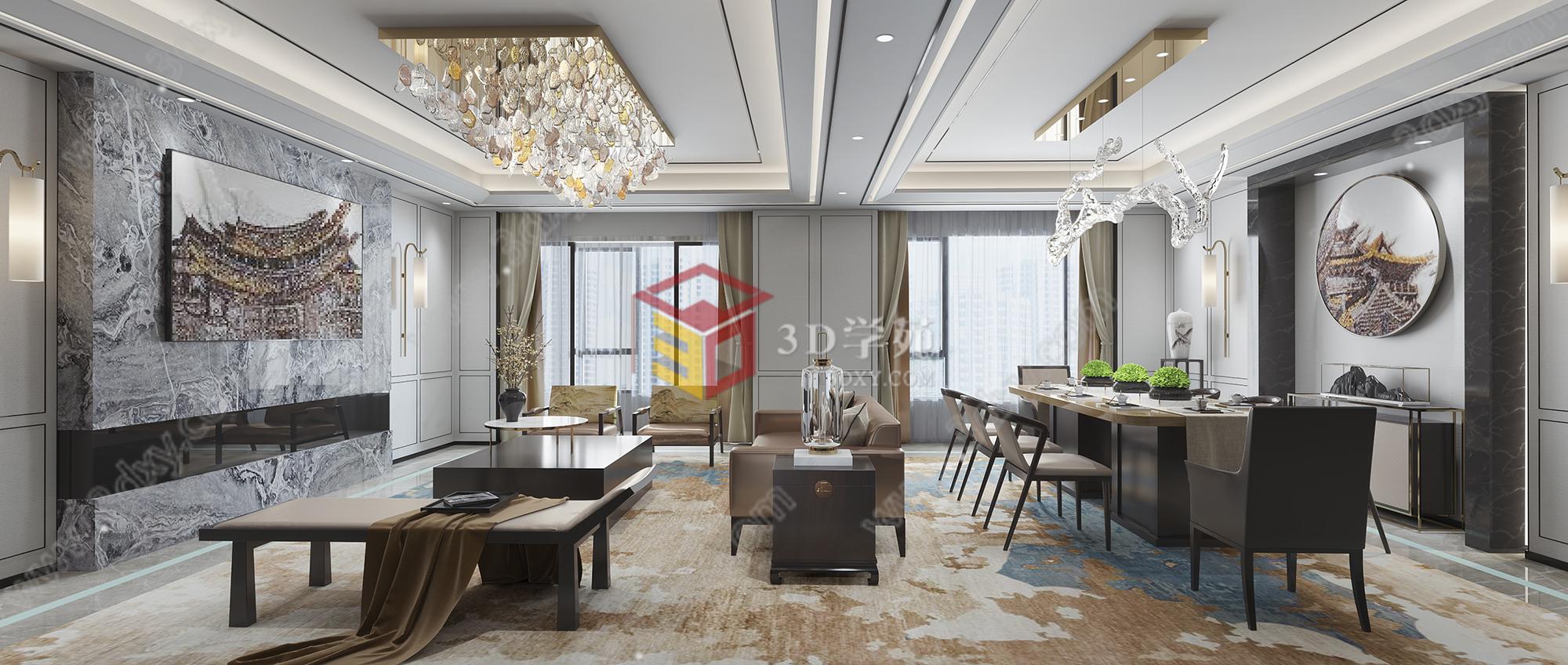 奢华新中式客餐厅3D模型