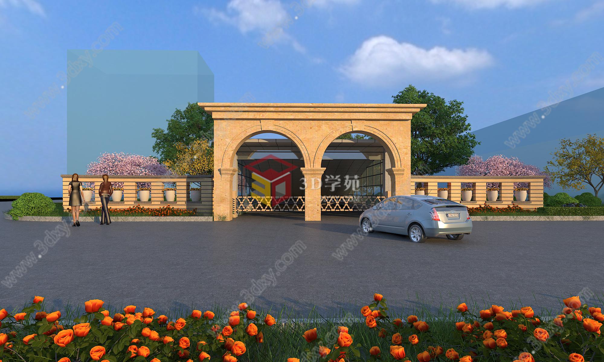 车库入口的建筑景观处理3D模型
