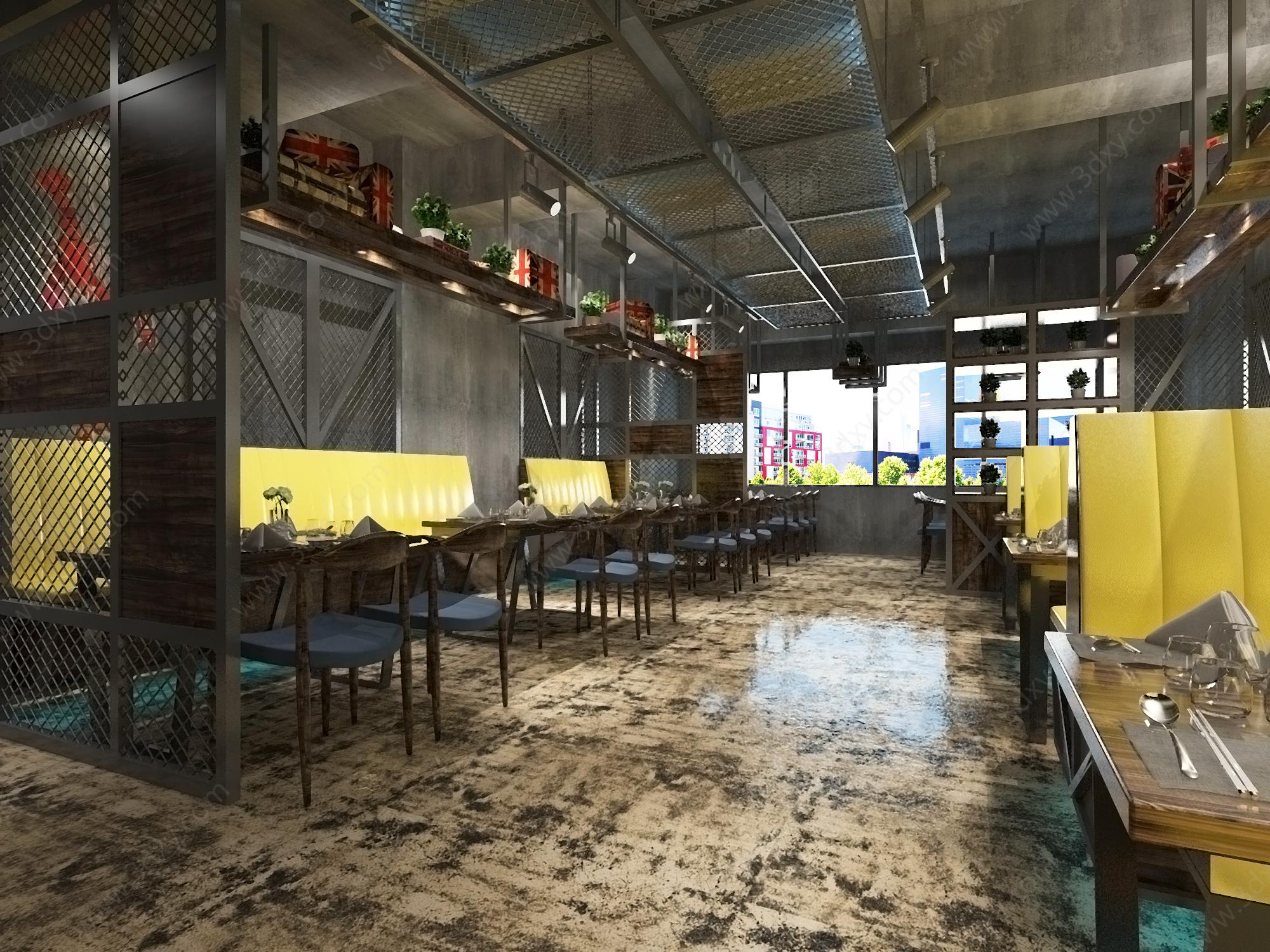 工业风餐厅二楼餐区3D模型